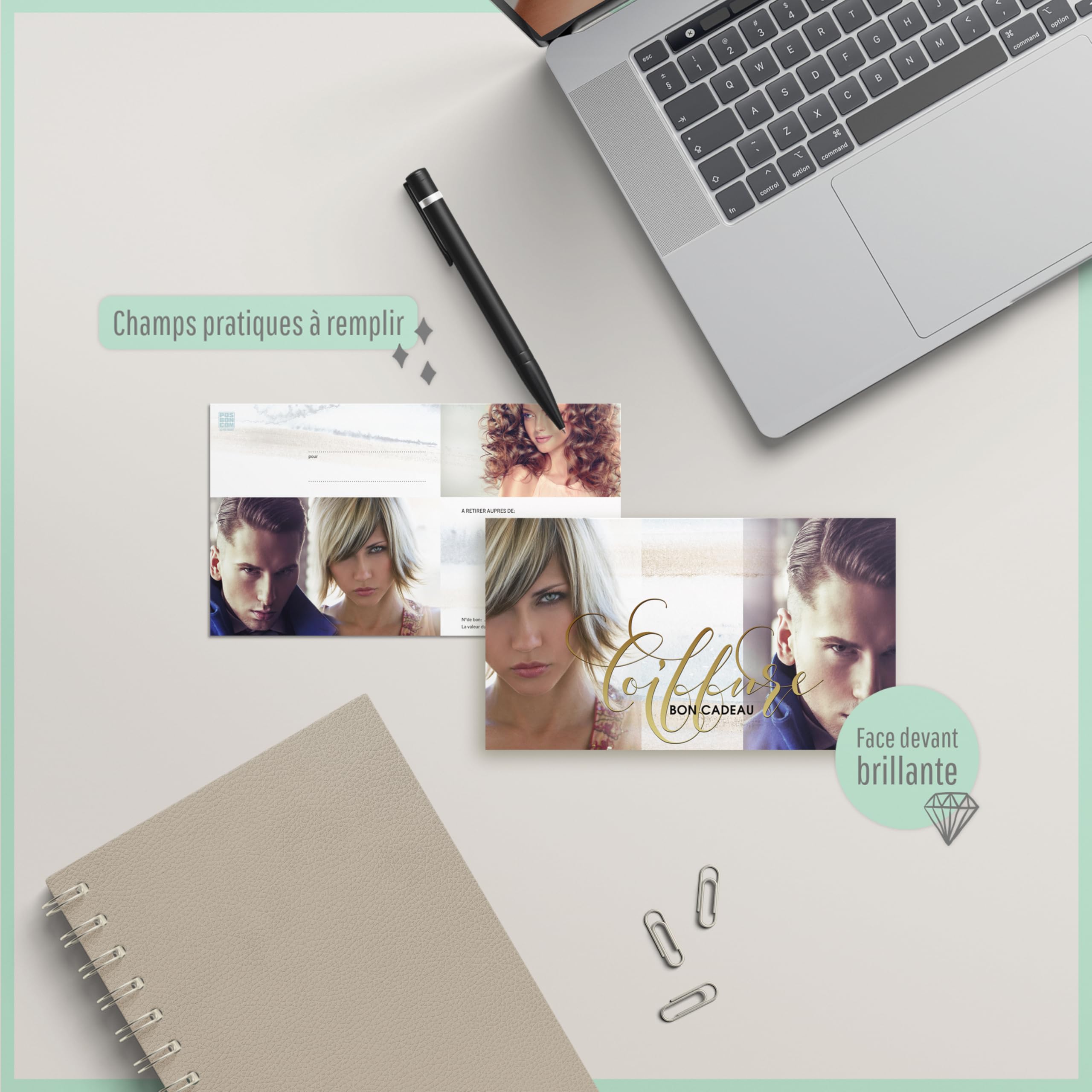 POS BON - 100 bons cadeaux à remplir avec enveloppe/nœud ruban - formulaires imprimés pour des salons de coiffure K1203F2-100-V1