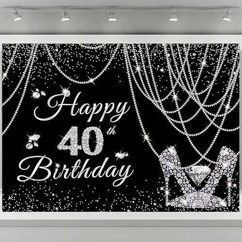 Miniatura 3 de DIZHI Cartel de feliz cumpleaños número 40 para mujer con purpurina de perlas plateadas, cortina de tacones altos de diamante, decoración de fiesta,
