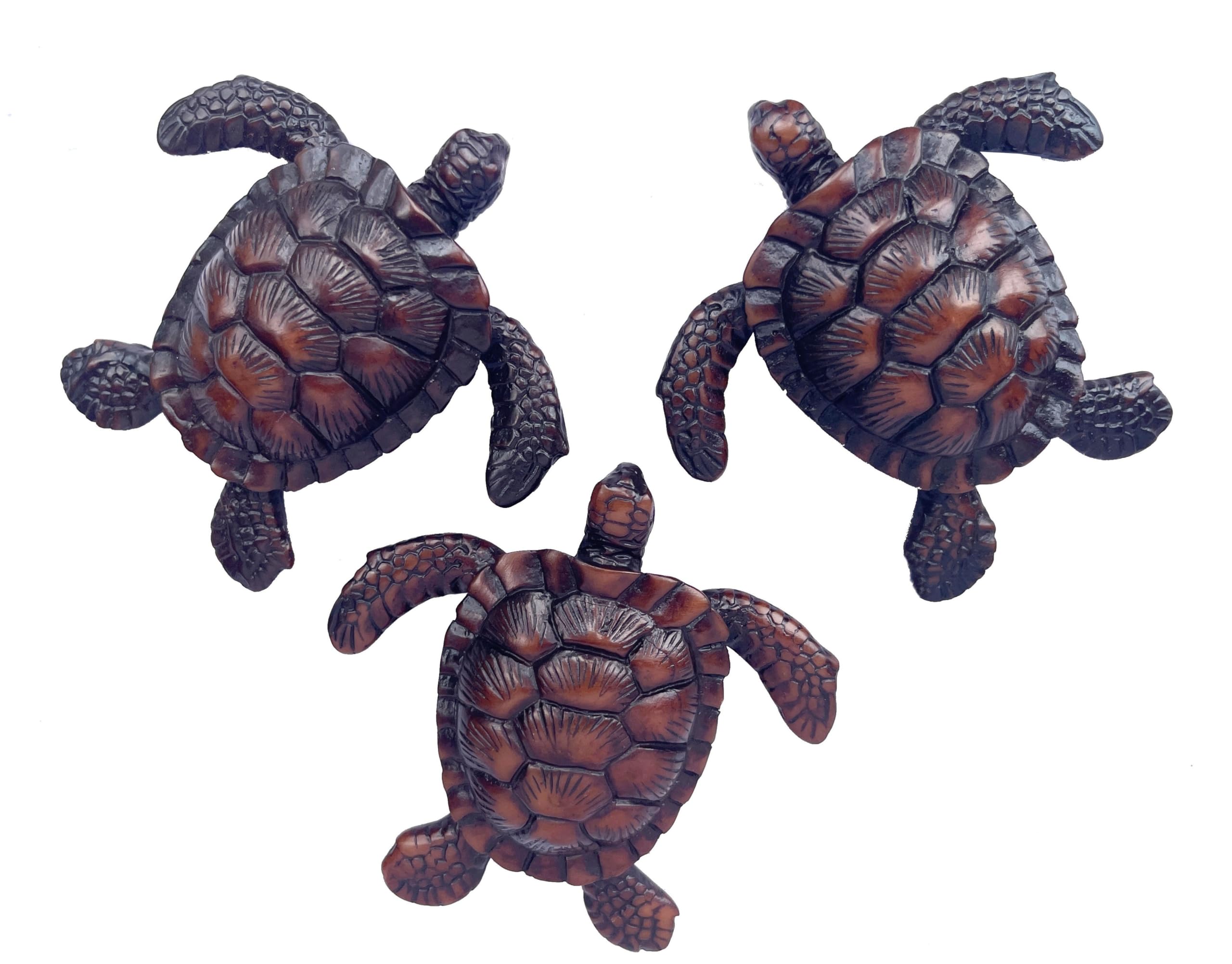 Blue Orchid Small Resin Sea Turtles Set of 3 - Loggerhead Sea Turtle Figure - Good Luck Feng Shui Sculpture Collectible for Table Top or Wall Hanging - 4 Inches (Amber Brown)