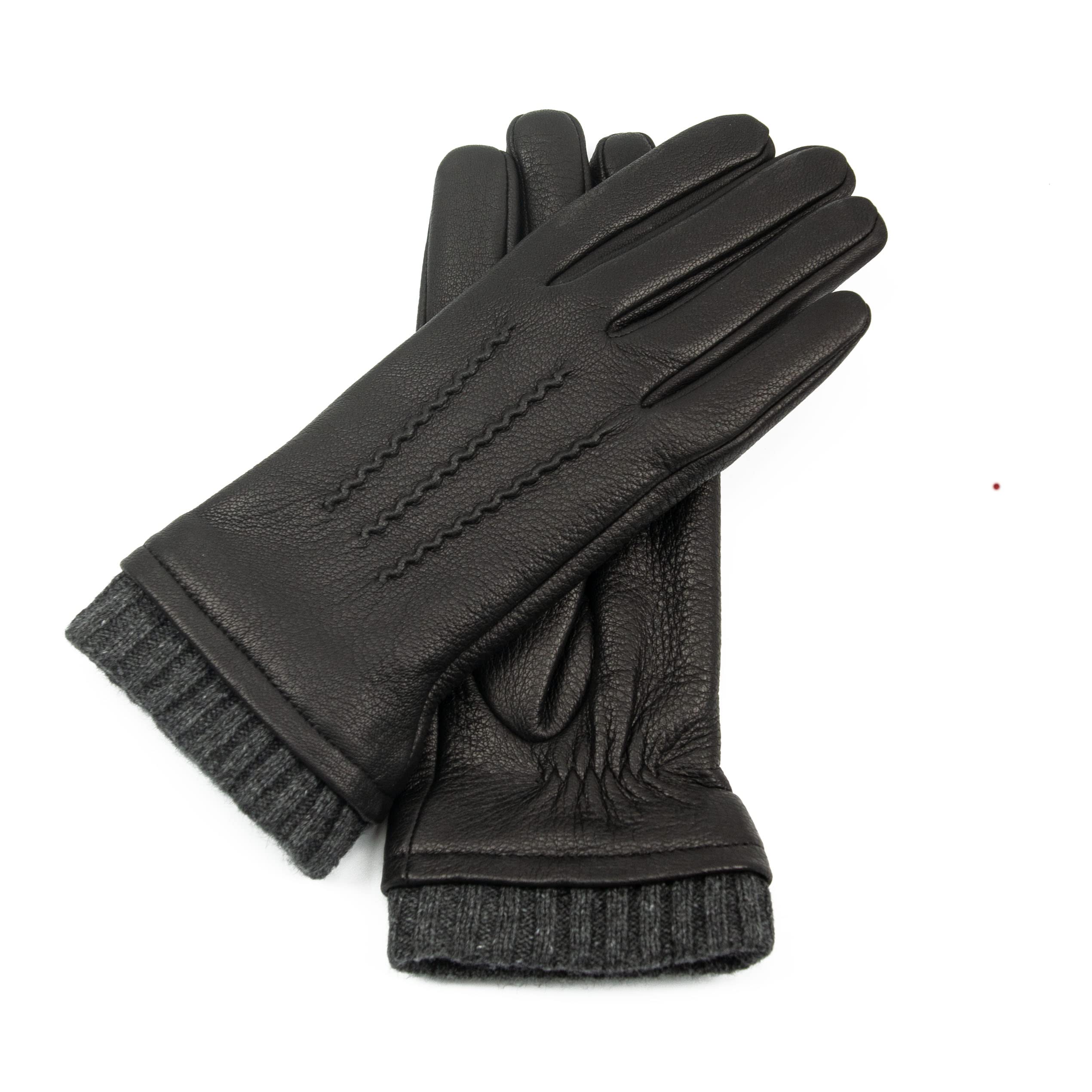 Exklusive Hirschleder Damen Lederhandschuhe mit Kaschmir-Fütterung, lang geschnitten mit Strickstulpe, Sportlicher Look, Hirschlederhandschuhe, warm, gefüttert