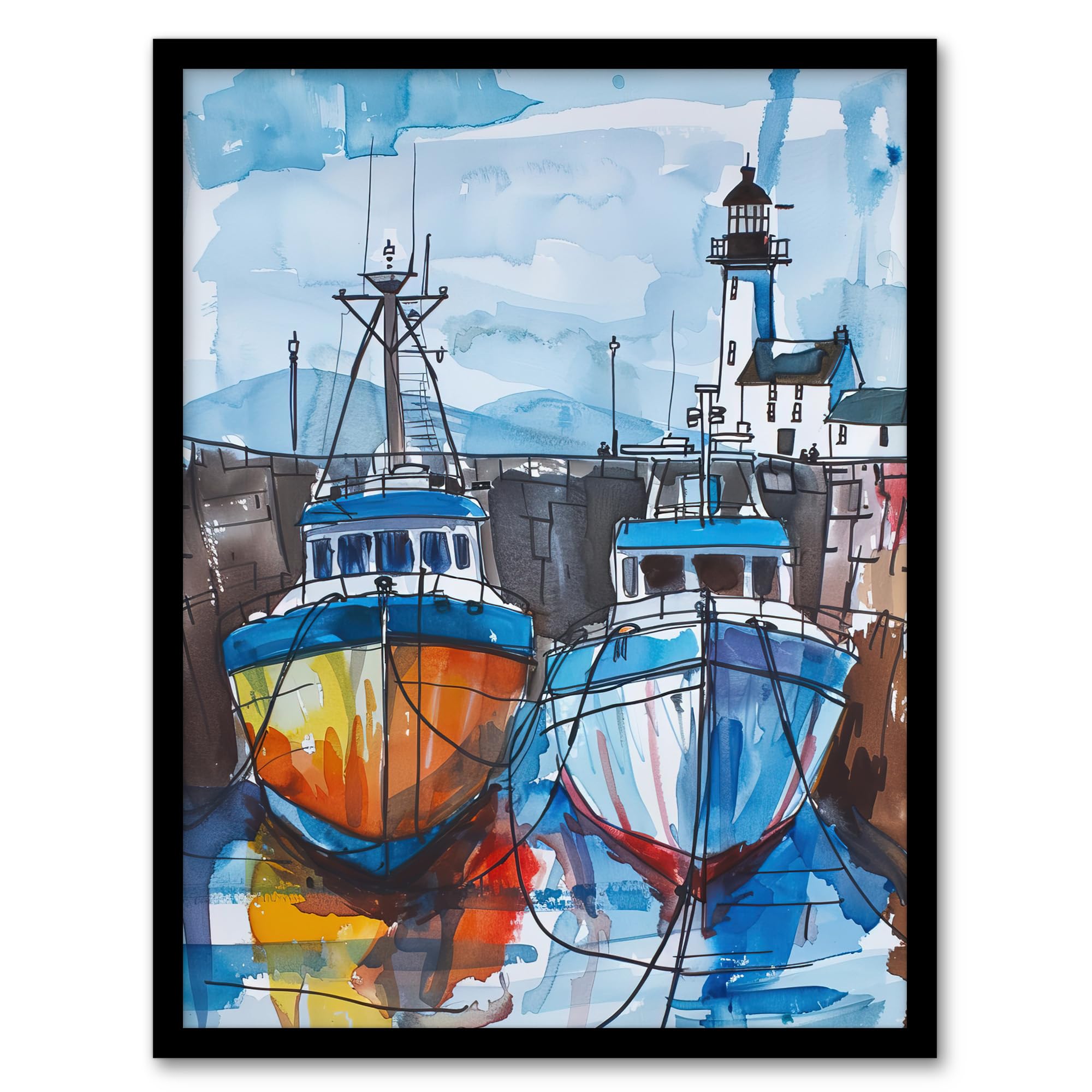 Artery8 Scottish Harbour Fishing Boats and Lighthouse Bathroom Toilet Artwork Framed Wall Art Print A4
