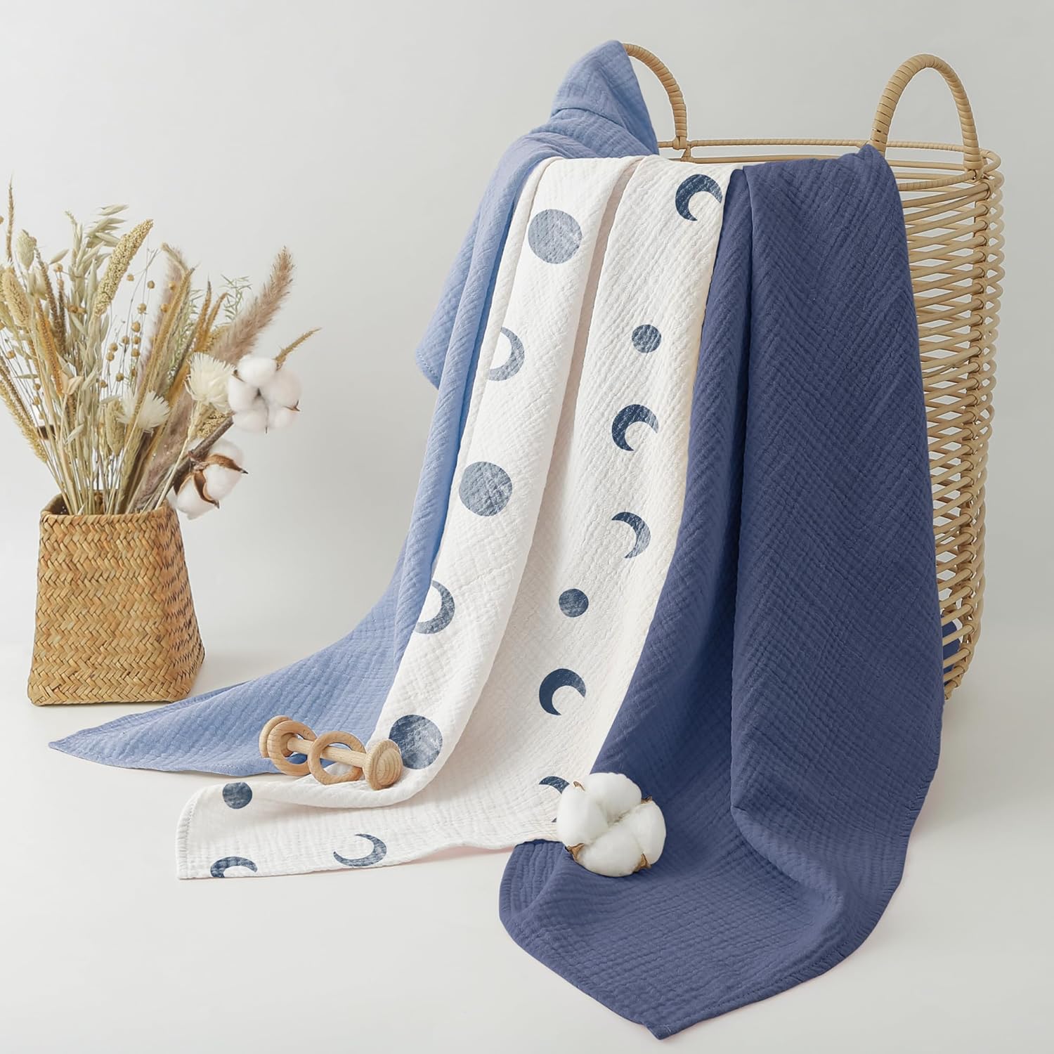 Bearmoss Muslin Swaddle Blankets, 40 x 38 inches Baby Swaddle for Boys and Girls, Soft Baby Blanket, 3 Pack Breathable Nursery Receiving Blankets (Bluemoon) - Image 5