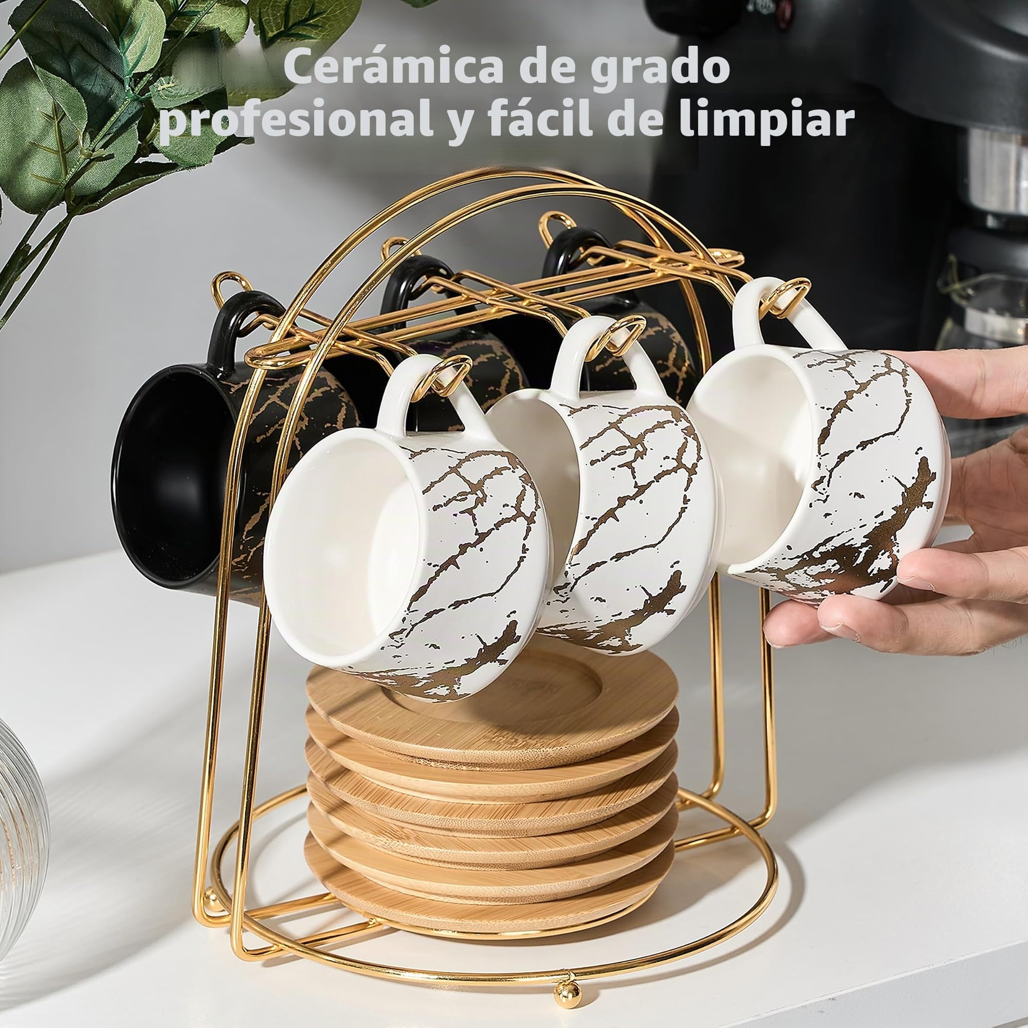 PORCER Juego de tazas de café de cerámica y platillos de madera con soporte dorado de metal, elegante diseño de mármol, tazas apilables para cappuccino, expreso, bebidas de café especializadas, latte
