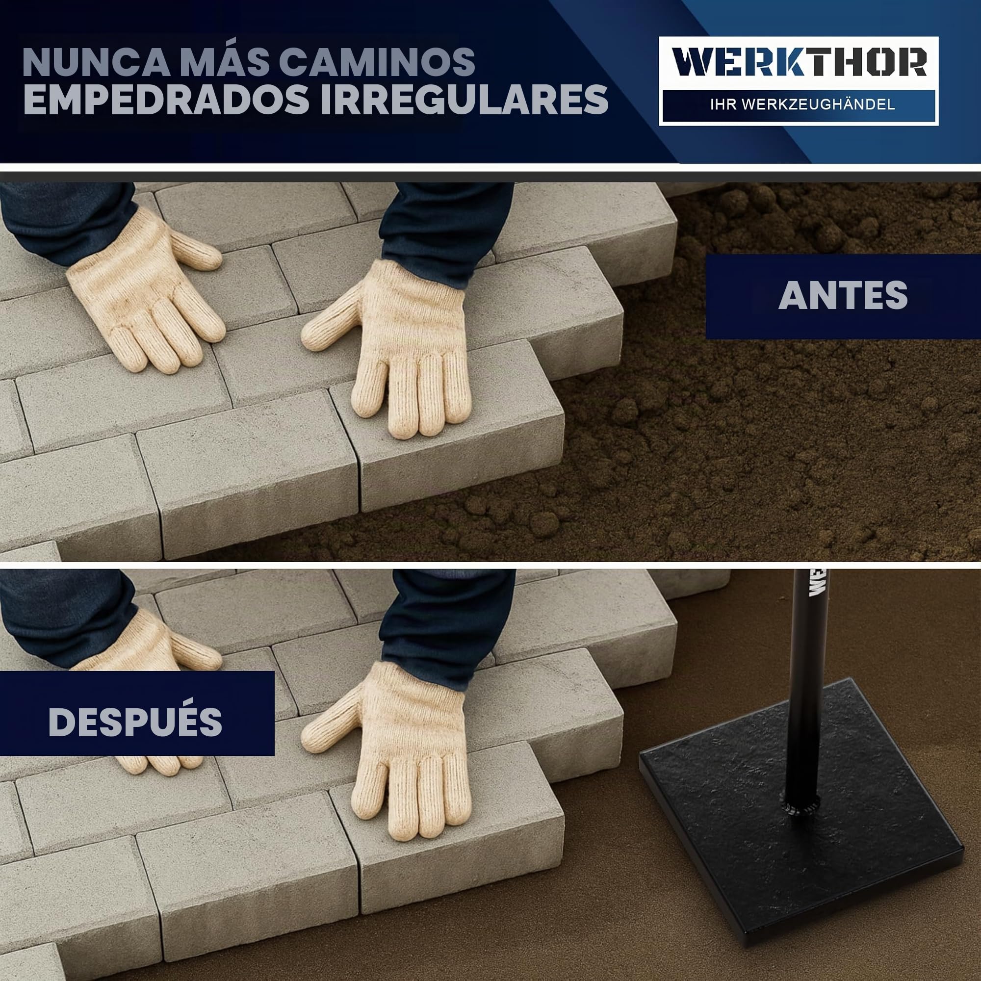 WERKTHOR Compactadora de Tierra manual de 11,5 kg de acero – Compactador de suelo con placa de 20 x 20 cm y mango T de 83 cm – Herramienta para compactar tierra, asfalto y grava