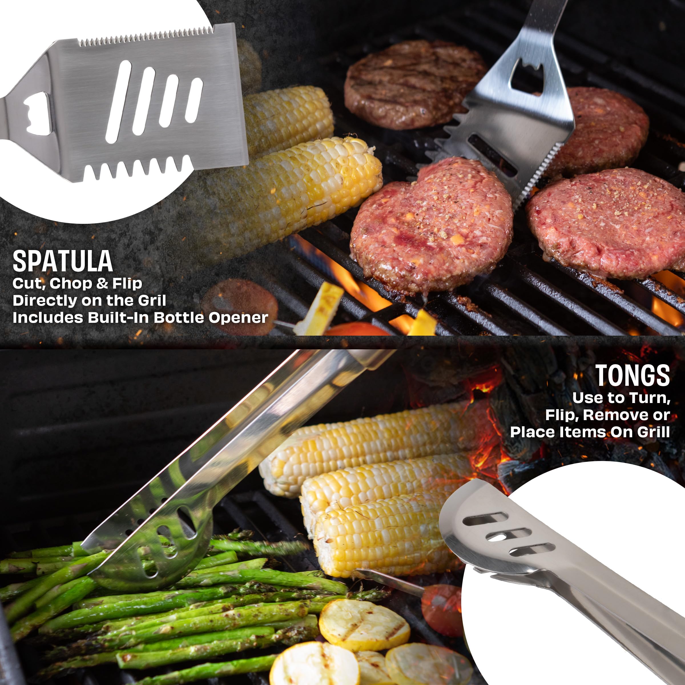 Juego de 16 utensilios para barbacoas y parrillas, de acero inoxidable con funda de aluminio, el juego de accesorios más completo para asar en exteriores