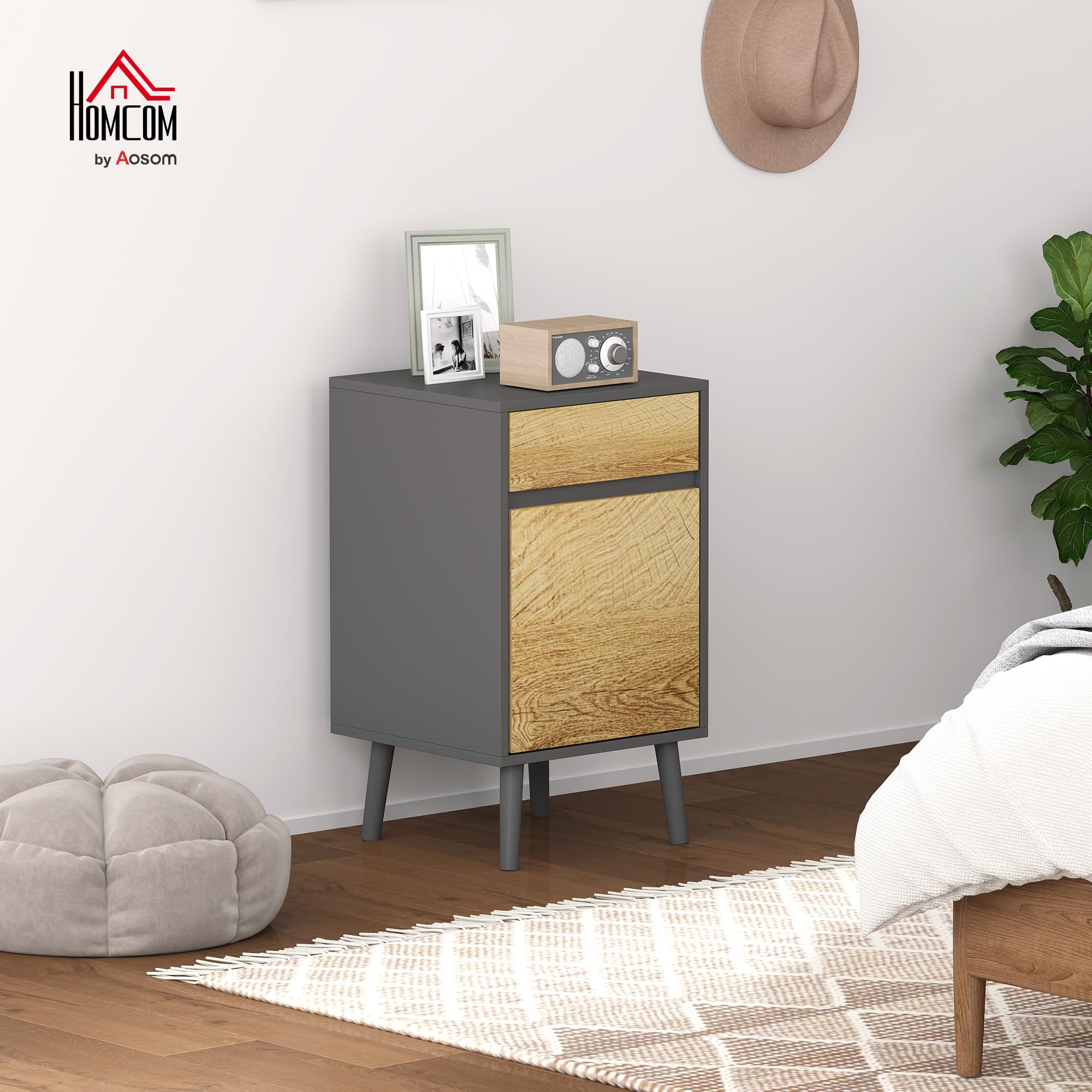HOMCOM Comodino Camera da Letto con Cassetto Grigio Scuro e Color Legno