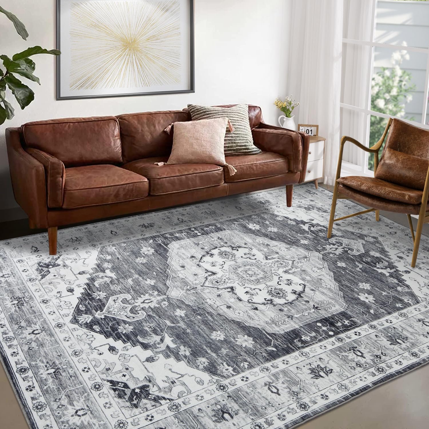 Boho Area Rug 9x12 Large Washable Floral Rug Soft Living Room Mat, Vintage Washable Indoor Floor Carpet for Bedroom Powder Room Nursery Playroom Home Office Apartment Decor 9'x12' Grey