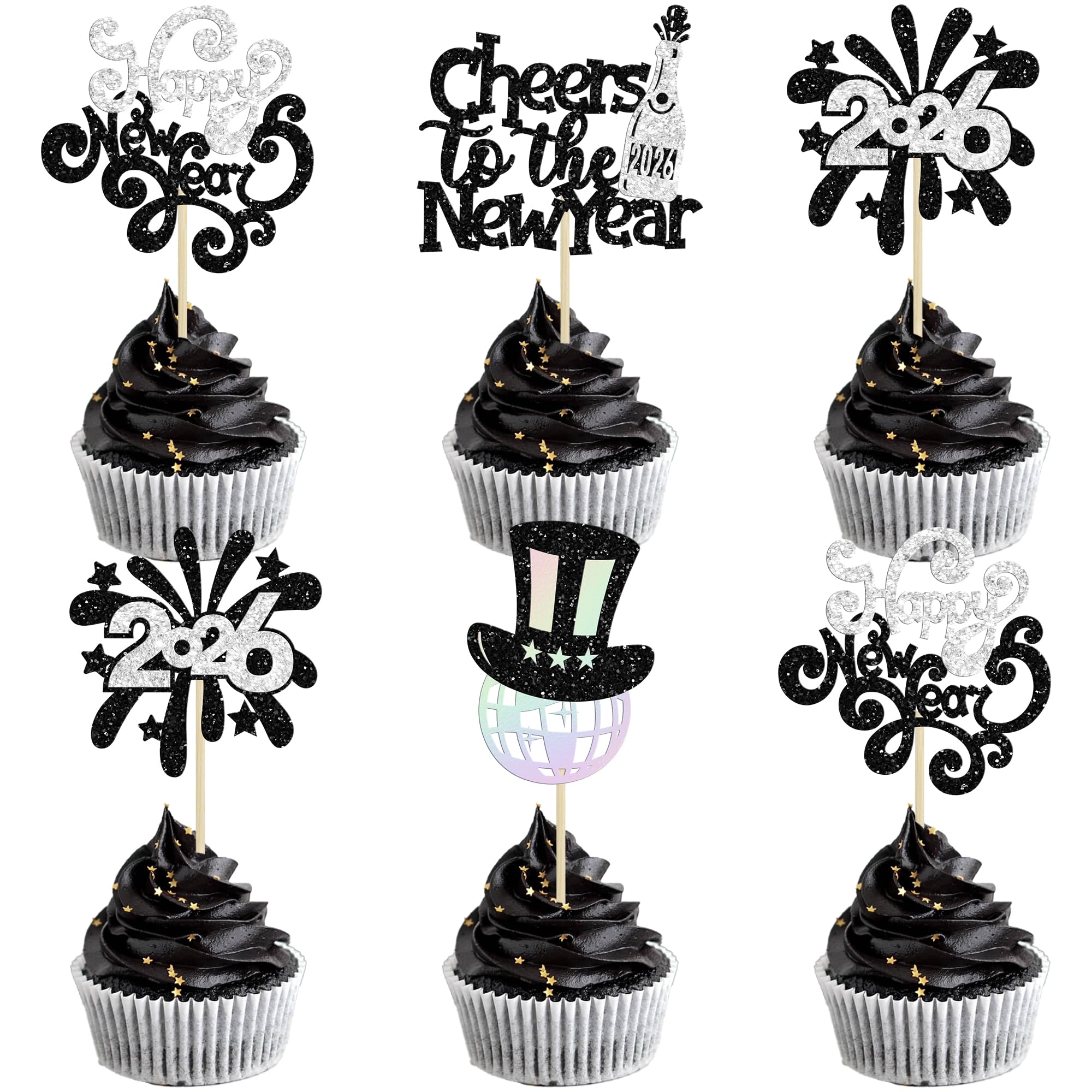 Ephlyn 24Pcs 2026 Happy New Year Cupcake Toppers Glitter Fireworks Cheers to 2026 Cupcake Picks for Welcome 2026 Happy New Year Theme Holiday Party Cake Decorations Supplies Black