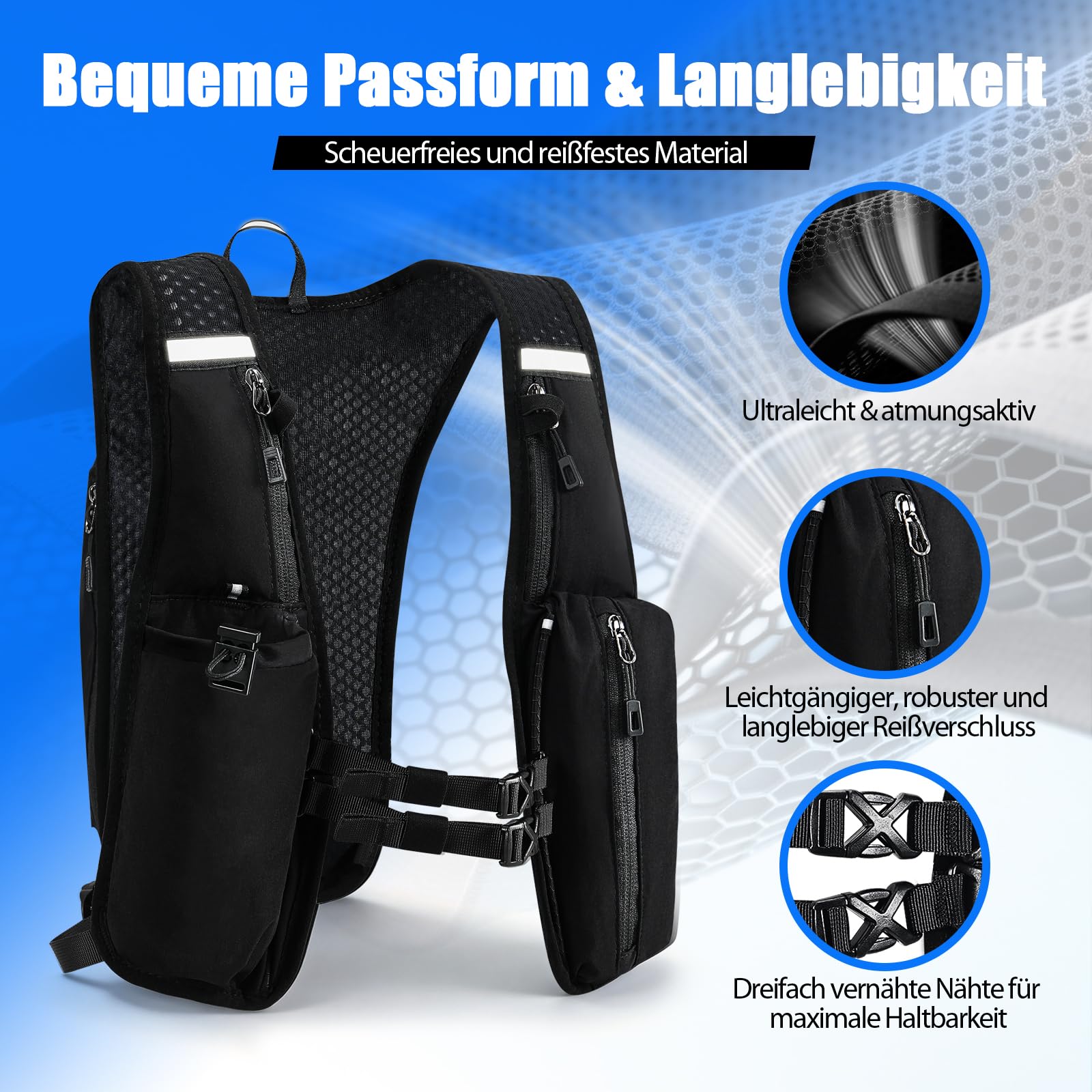 Laufweste für Damen und Herren, Trinkweste Laufen mit Trinkblase 2 L & Handytasche, Verstellbarer Brustgurt, mit reflektierenden Streifen für Trailrunning wandern Marathon Laufen joggen, Schwarz
