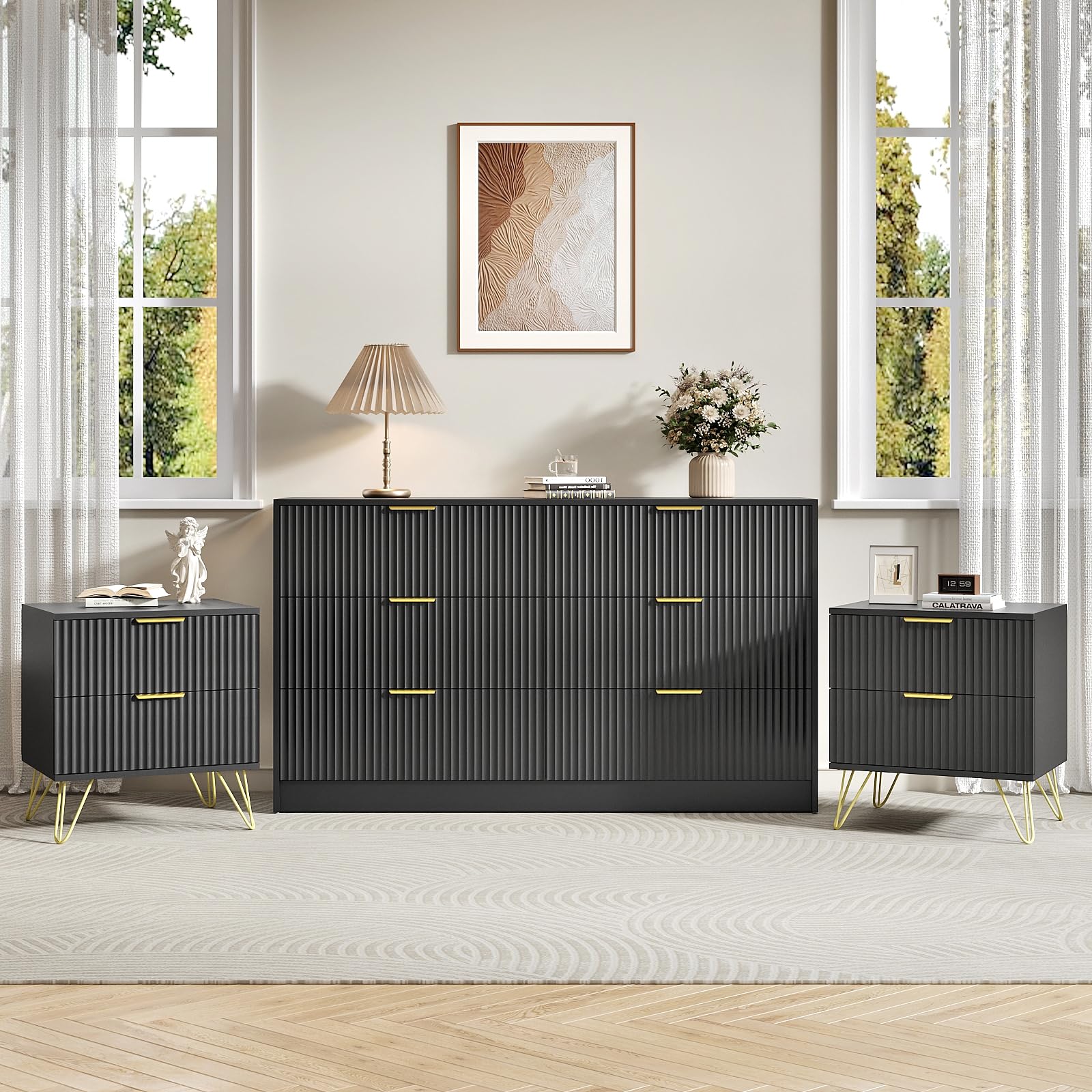 Sscaktu 3 Piece Bedroom Set in Black with Gold Handles