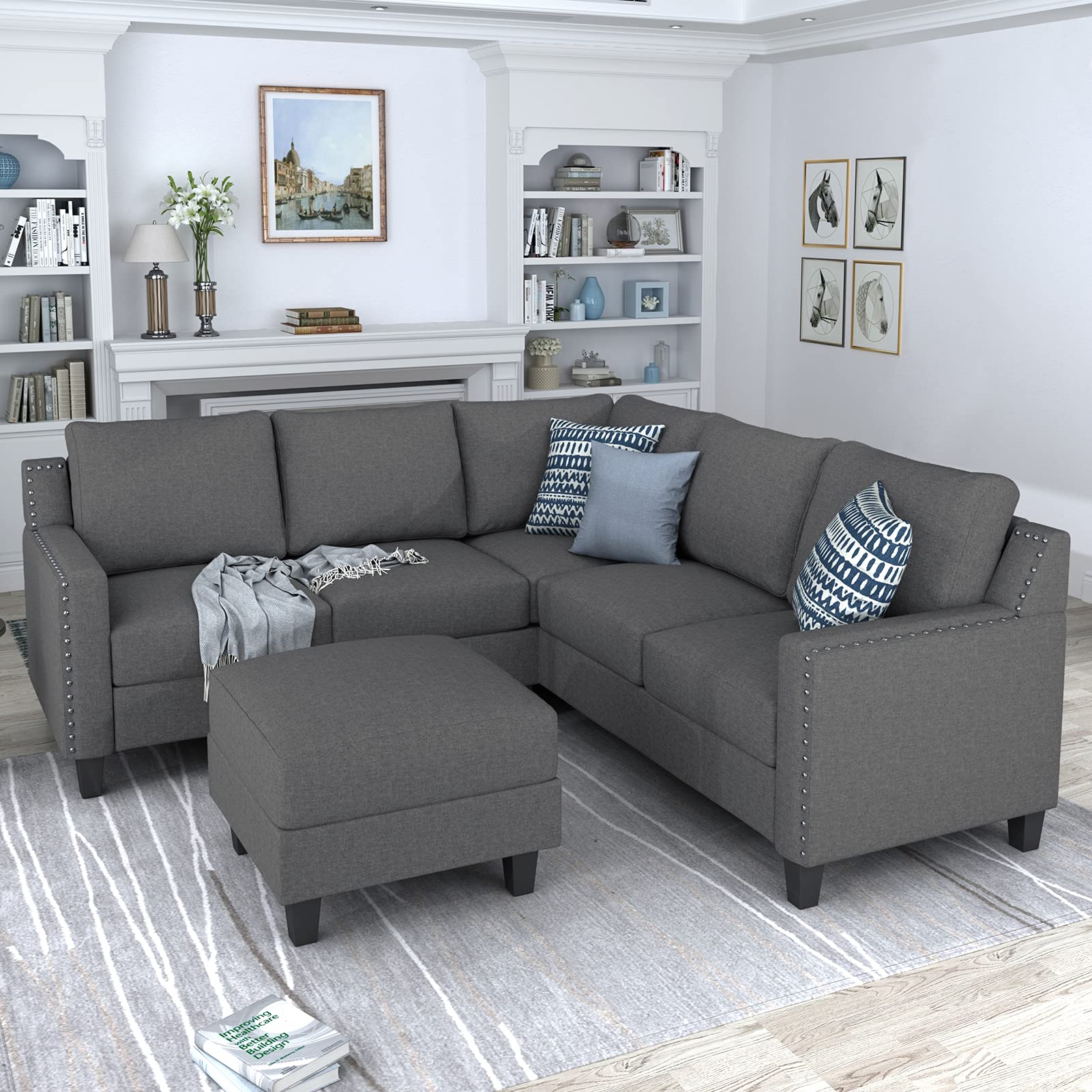 GIGA Cloud Modular Sectional Sofa, Rivet Upholstered Set Breathable High Elasticity Furniture, L-Shape Sofa Couch, Sectional Couch with Footrest, Modern Corner Couch Bed Set, for Home (Grey)