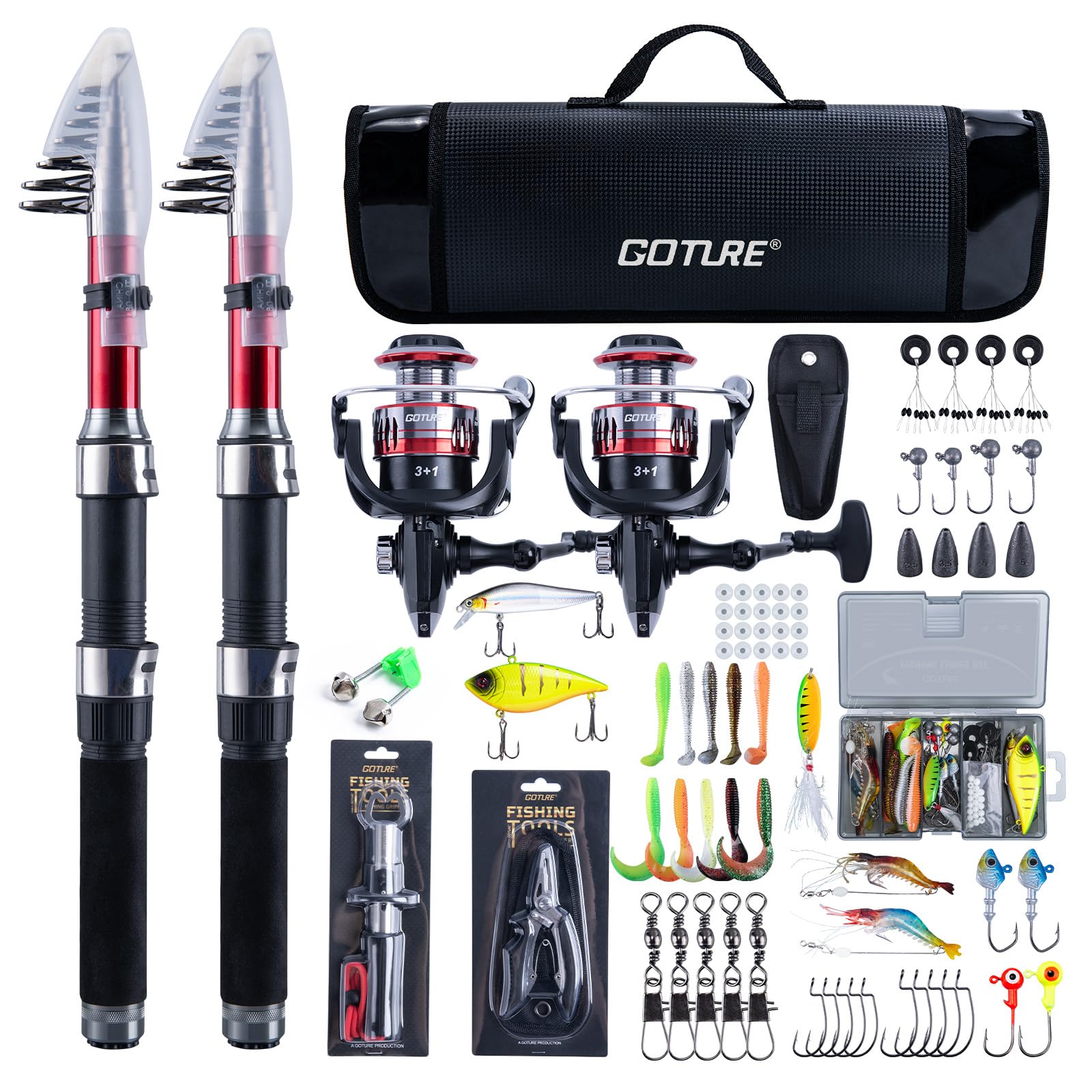 Goture Angelset mit 2 Teleskop-Angelruten, 1,8m Angelrute Set Komplett 2 5.2:1 Spinnrolle, Angelzange, Köderbox & Tragetasche – für Salz-/Süßwasser, Reisen–Angelgeschenk