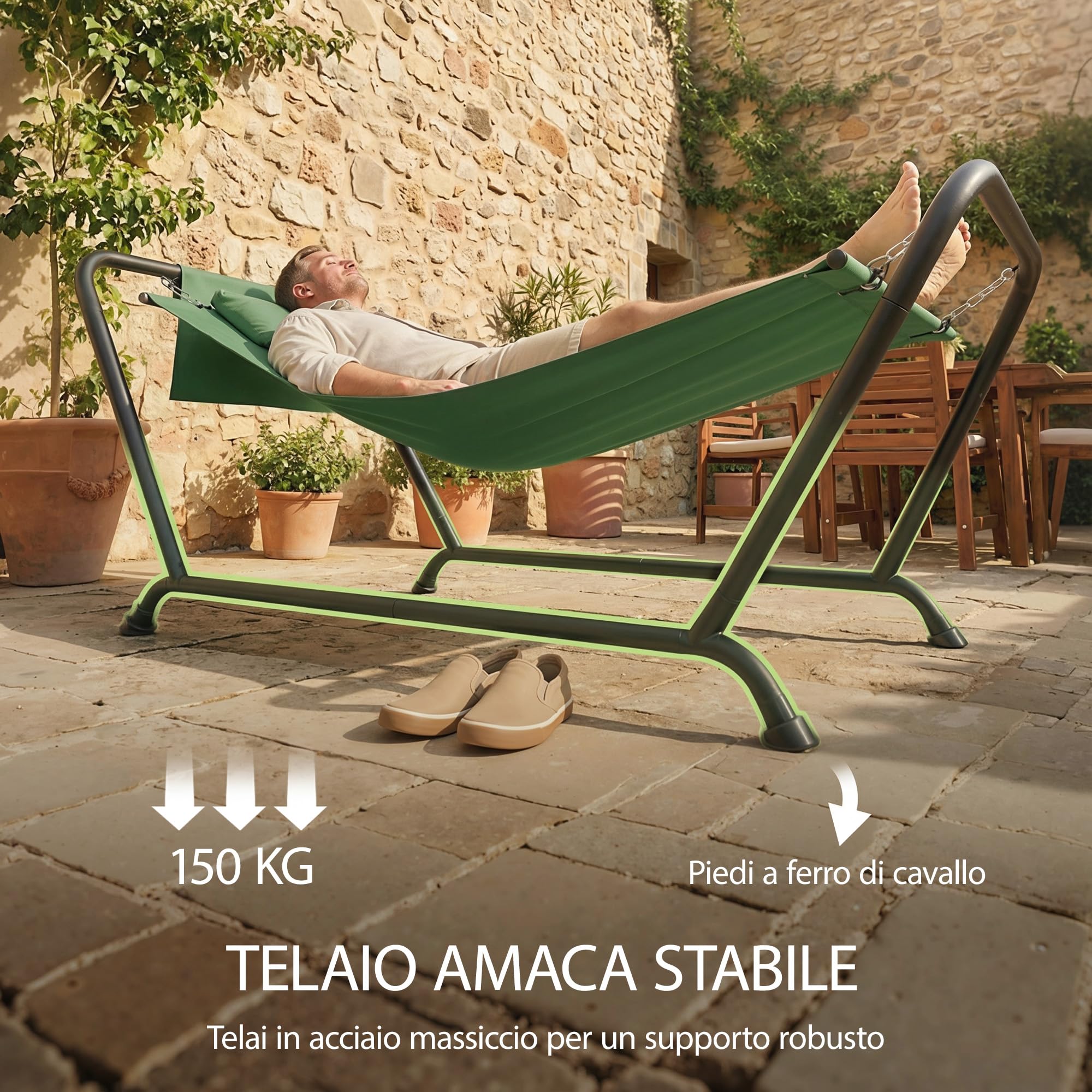 Outsunny Amaca da Esterno con Supporto Autoportante in Metallo, Amaca con Tasca Laterale e Poggiatesta, Portata 150 kg, per Giardino Balcone Veranda, 237x90x92 cm, Verde Scuro