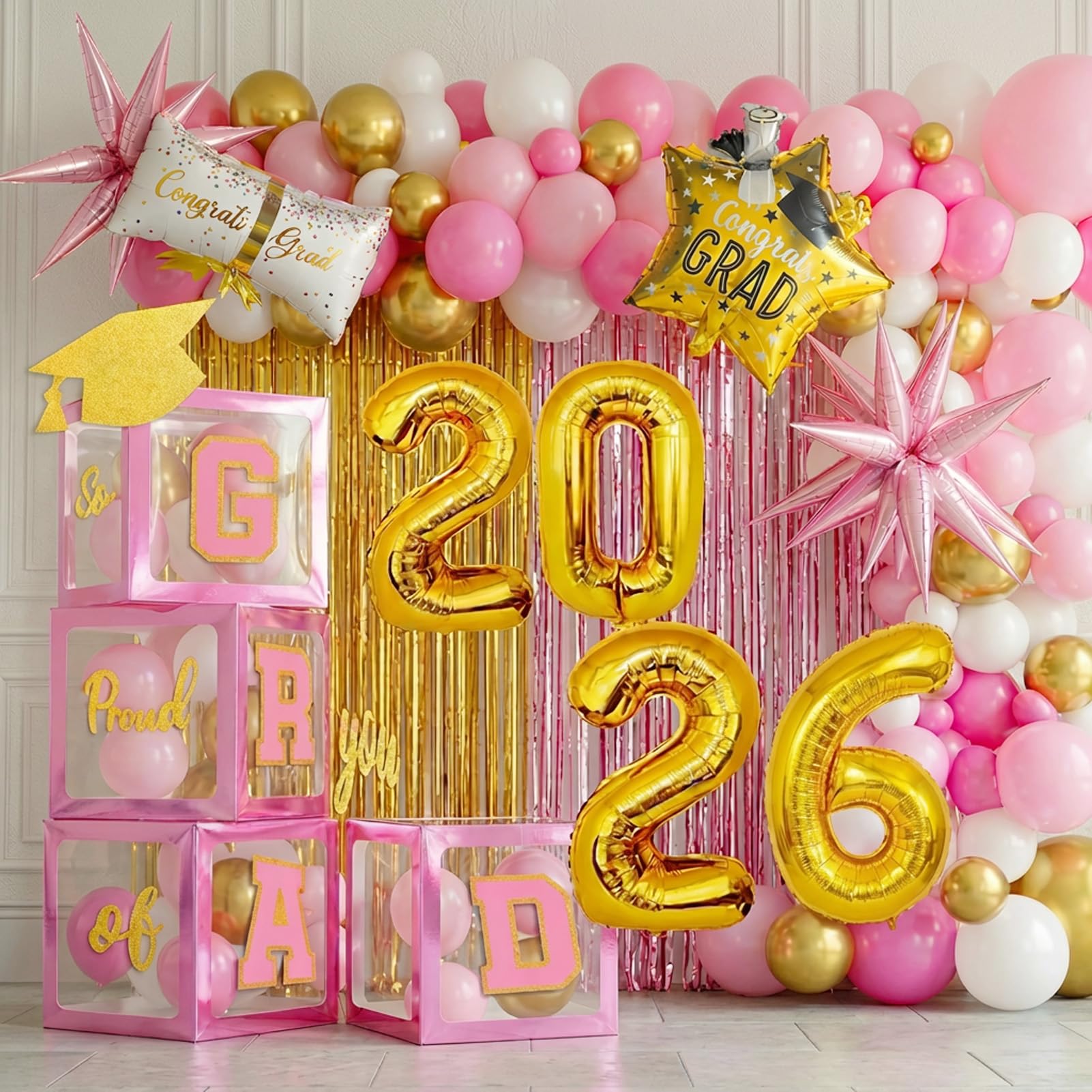 Pink and gold Graduation Decorations 2026 Set of 4 GRAD Balloon Boxes with Balloon Arch Garland Kit mylar balloons shimmer Fringe Curtain So Proud of