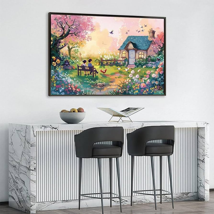 Amazon.co.jp: 絵画 庭には花が咲き、二人は安定した生活を送っ