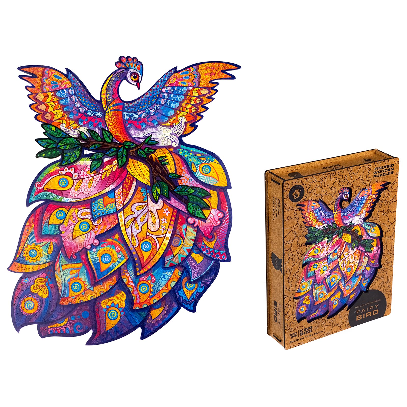 UNIDRAGONOriginal Wooden Jigsaw Puzzle - Fairy Bird, 297 pcs, King Size 11.6"x15.1", Unique Animal Shaped Puzzle Box, Birthday Gift Idea for Kids, Adults, Girls, Boys, Family Game and Hobby