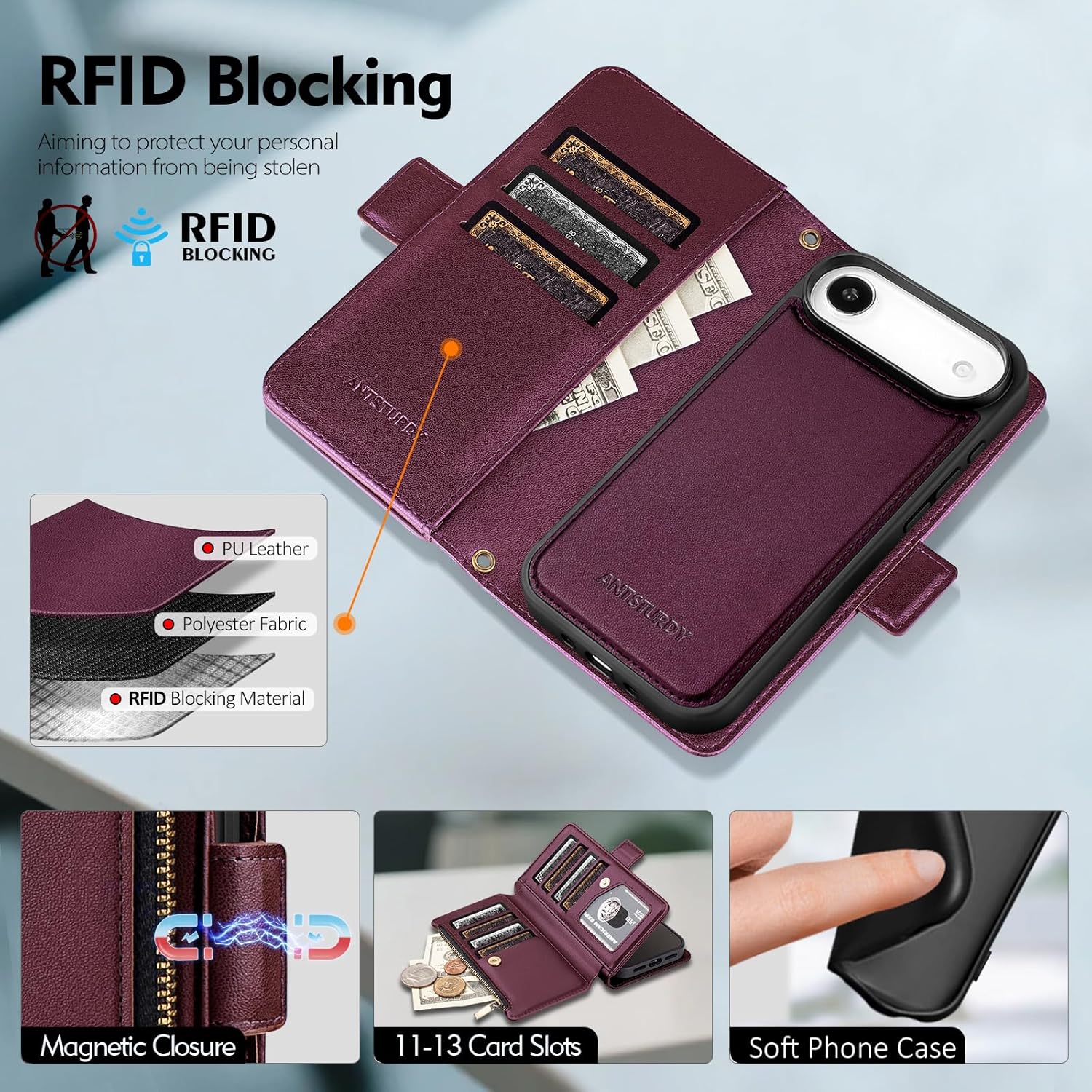 Antsturdy Compatible with Magsafe Magnetic 2 in 1 Detachable iPhone 17 Air Wallet Case with Credit Card Holder Slots,PU Leather RFID Blocking Phone Cover Wrist Strap Zipper Women Men,Wine Red - Image 3