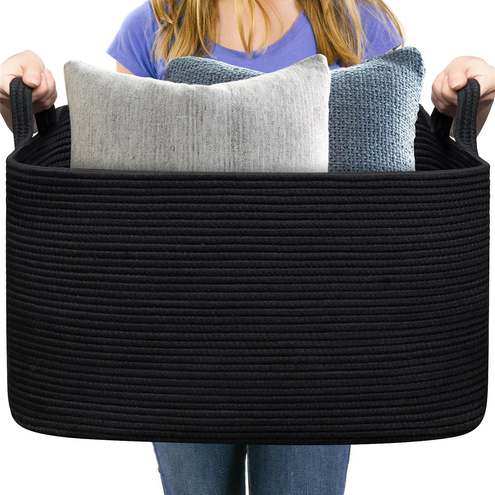 Grand panier de rangement tressé - Panier de rangement tressé pour chambre d'enfant - 55 x 38 x 30 cm - Noir