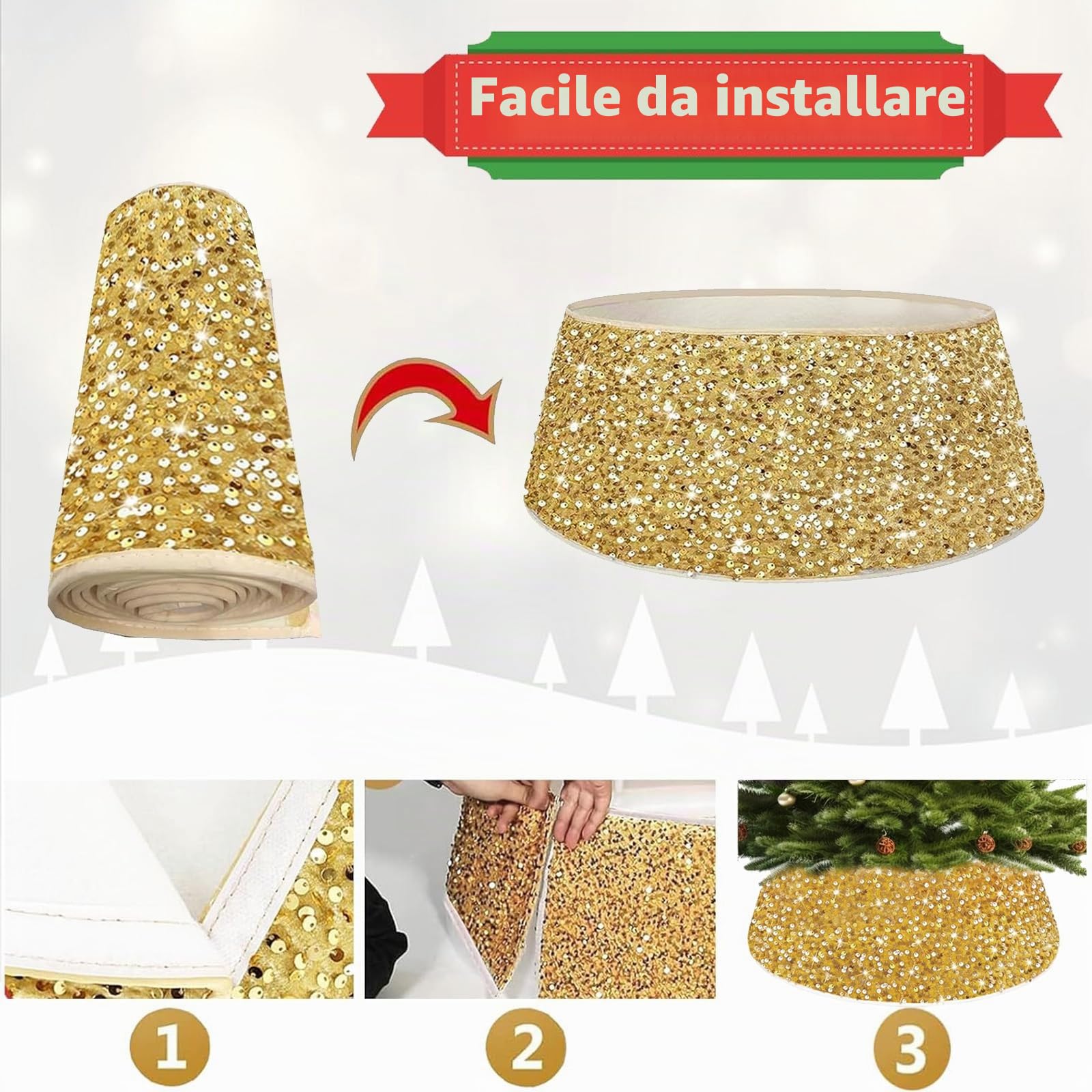 Collare per Albero di Natale 60cm, Oro Glitterato Copertura per Base dell'albero di Natale, Rotondo Gonna per Albero di Natales Pieghevole per la Decorazione Natalizia