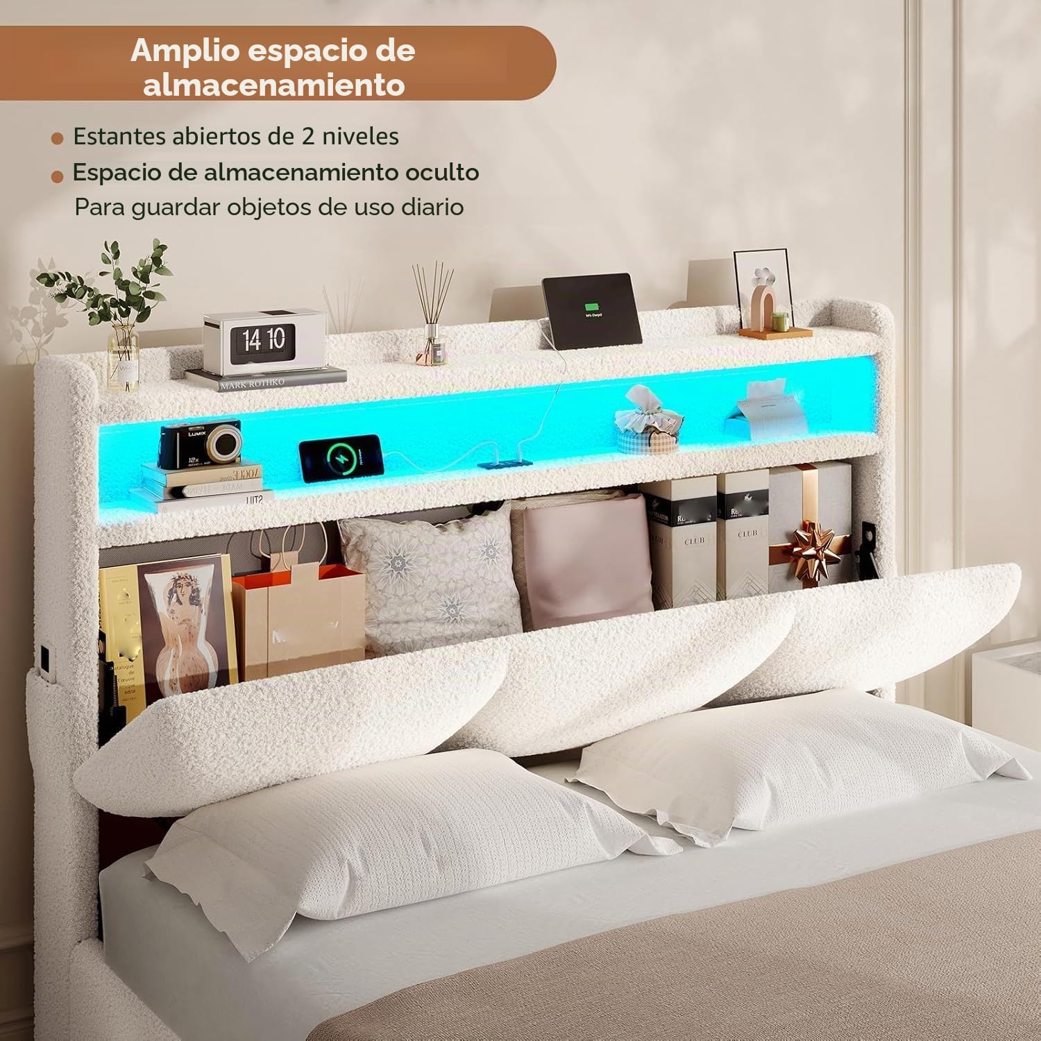 AGOLLATI Camas Matrimoniales 140x200 cm con Luz LED y Estación de Recarga, Cama Canape Hidráulica con Almacenamiento, Estructura Cama Tapizada con Cabecero Almacenador, Beige (Peluche Teddy)
