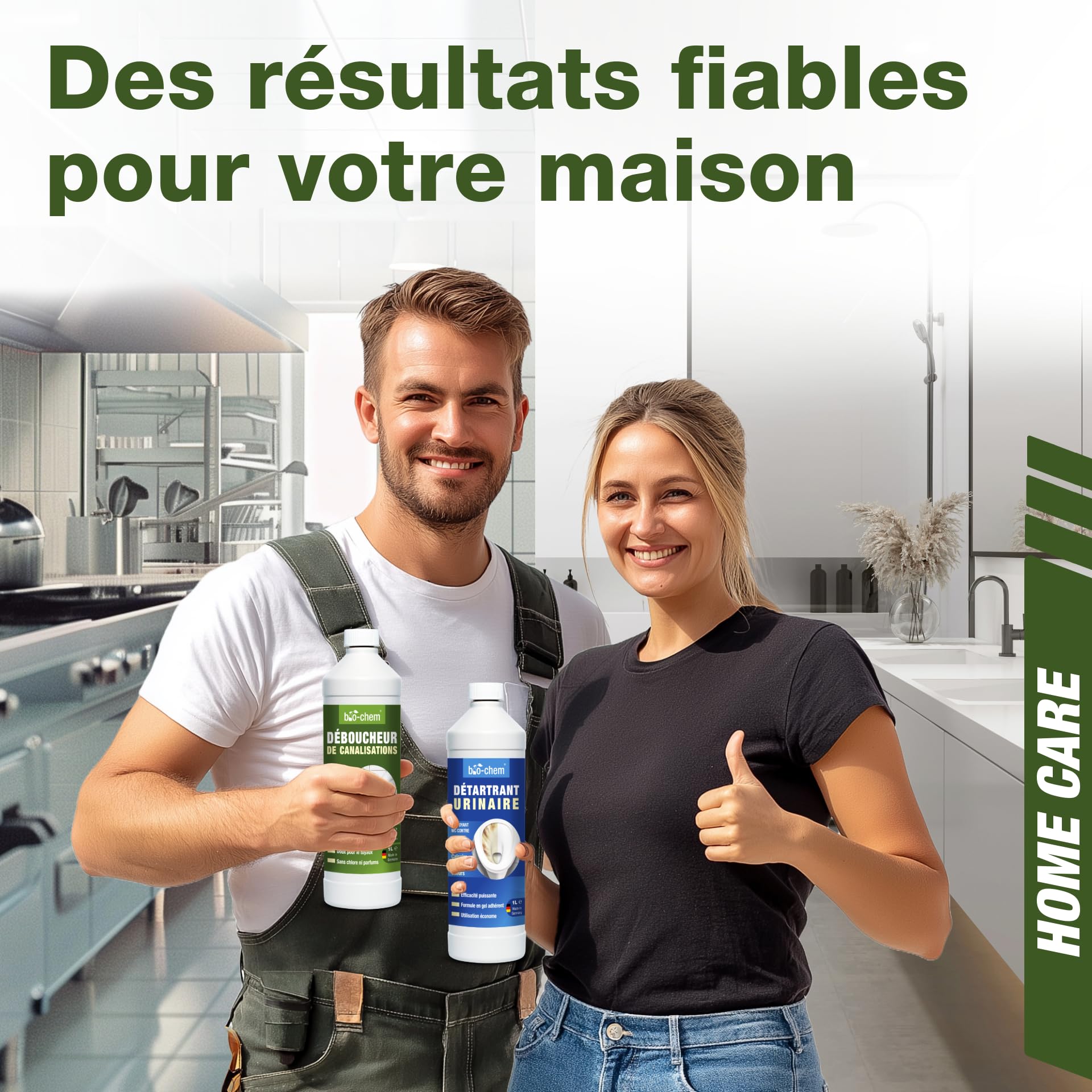 bio-chem Set de 3 nettoyants pour salle de bain, douches, WC | Déboucheur de canalisation 1L - Décapant urine et calcaire 1L - Produit surfaces de salle de bain 750ml