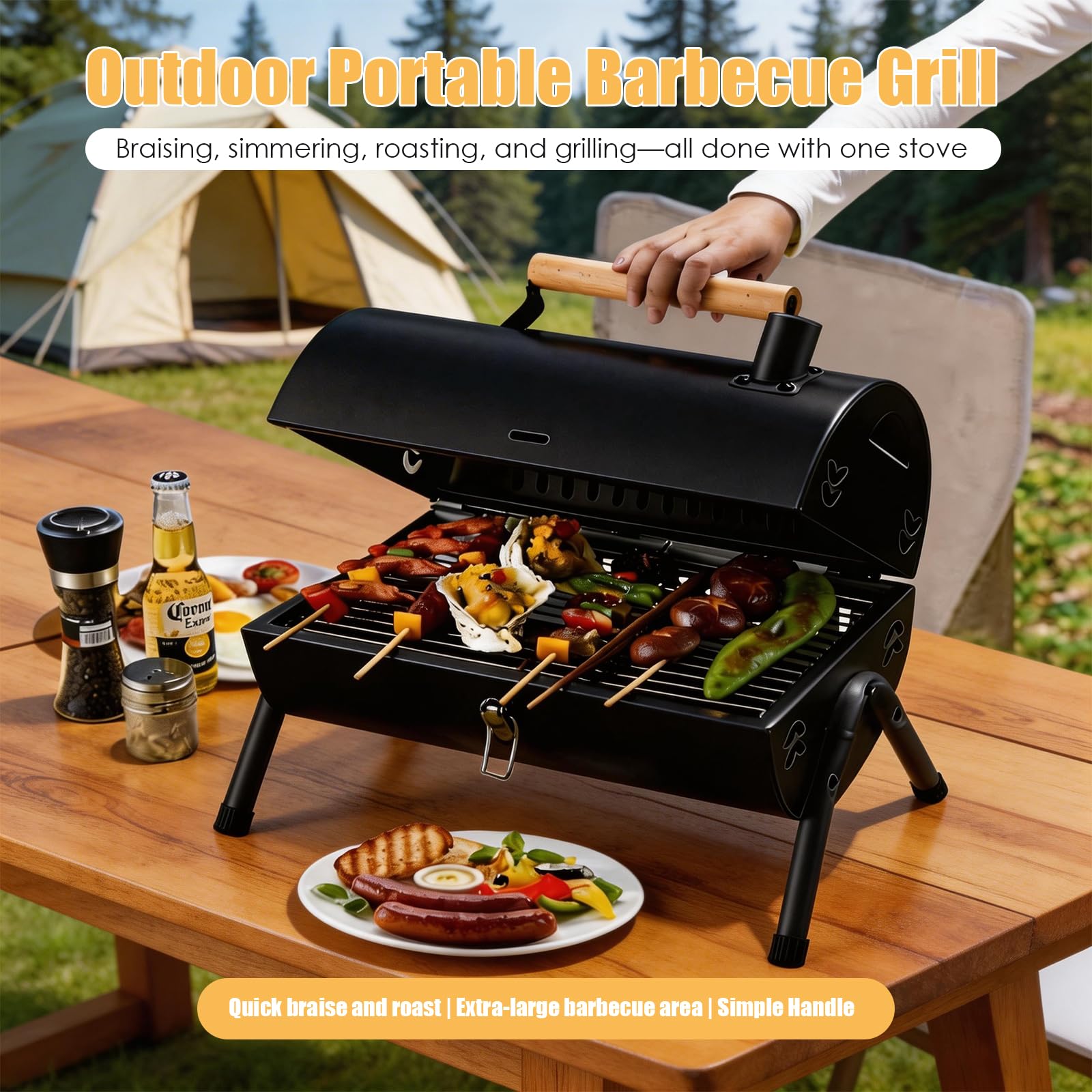 Barbecue a carbonella portatile, affumicatore doppio lato con camino, braciere esterno con manico in legno, 2 griglie e 2 vasche per carbone, per 4-6 persone, giardino e feste
