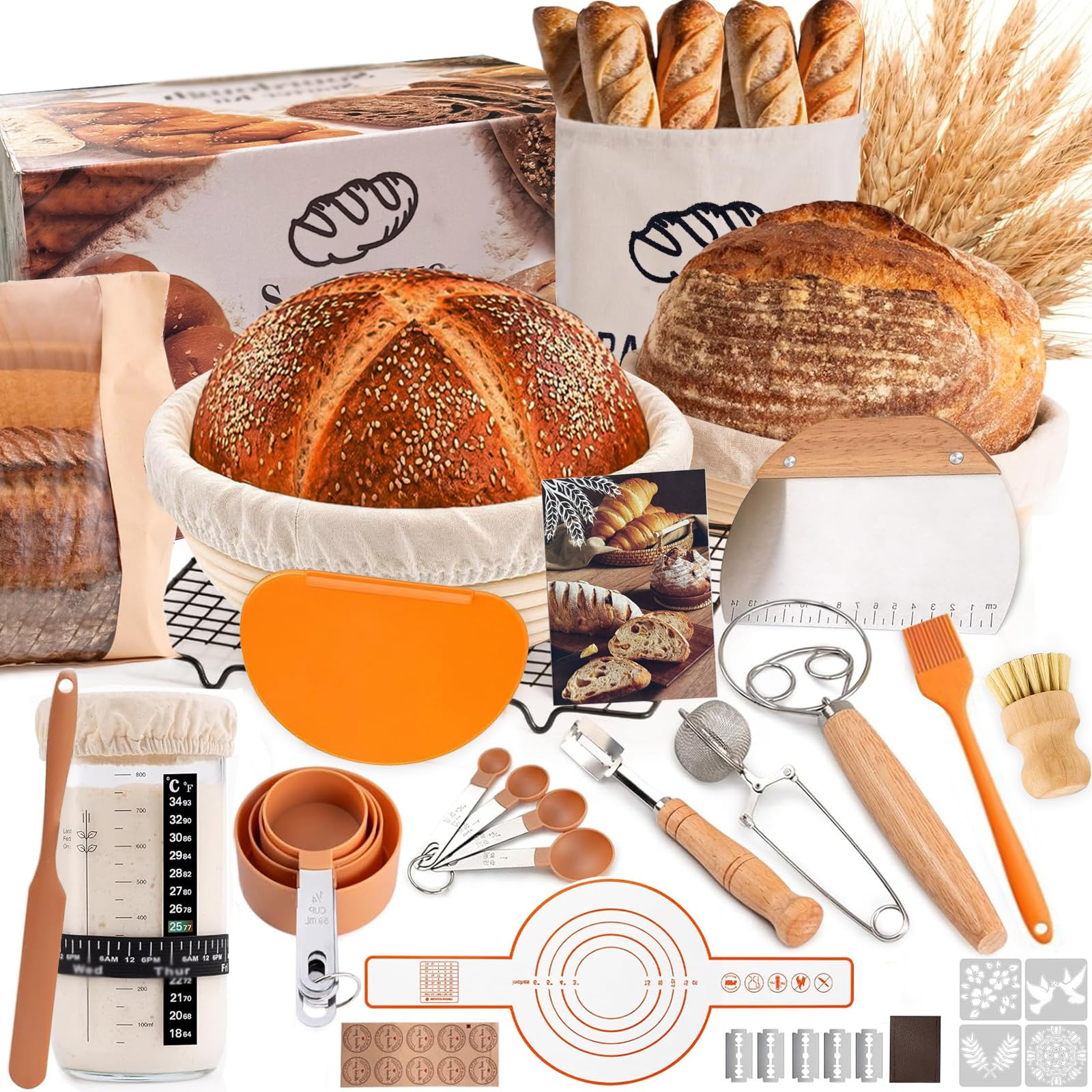 Kit de Masa Madre para Pan de 52 Piezas, Cestas de Fermentación de 25 cm y 23 cm, Tarro de Cristal de 700 ml, Set de Accesorios para Panadería, Sourdough Starter Kit para Principiantes y Panaderos