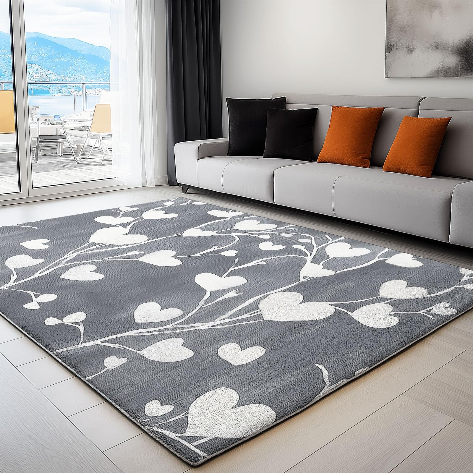 Tapis salon pile courte et douce gris 120x170 cm lavable avec motif d'amour