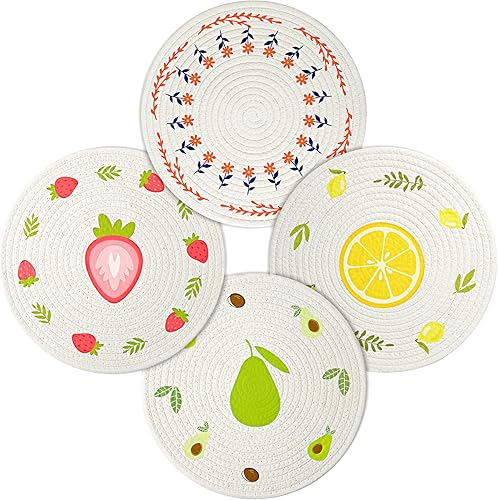 fanquare Juego de 4 manteles individuales redondos con rayas rojas, estilo moderno, cuerda de algodón grueso, trenzada, duraderos, absorbentes, para