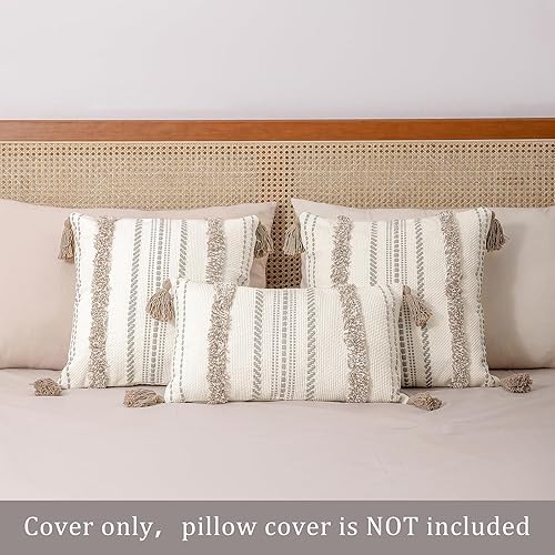 Miniatura 2 de Juego de 2 fundas de almohada decorativas de lino y algodón con borlas, estilo bohemio y copetudo, para cojín lumbar, para sofá y cama, 12 x 20