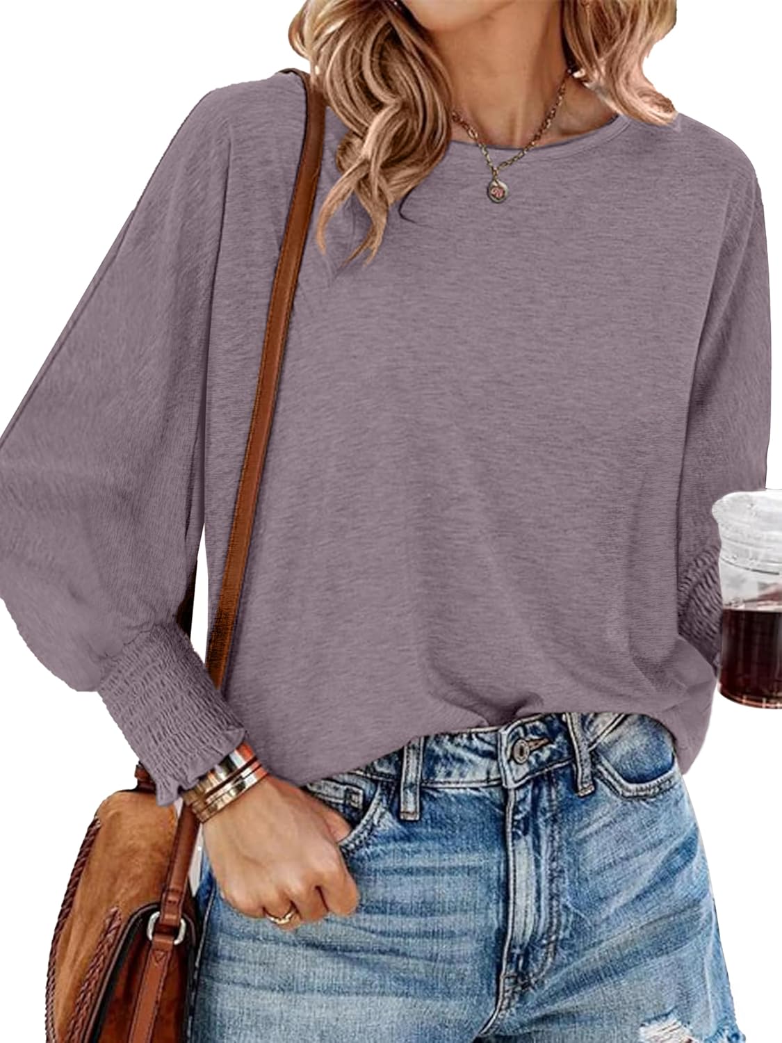 Sucolan Women’s Tops 2024 Fall Fashion T Shirts for Women Trendy Crewneck Casual Loose Shirts Oversized Basic Tee Blouses