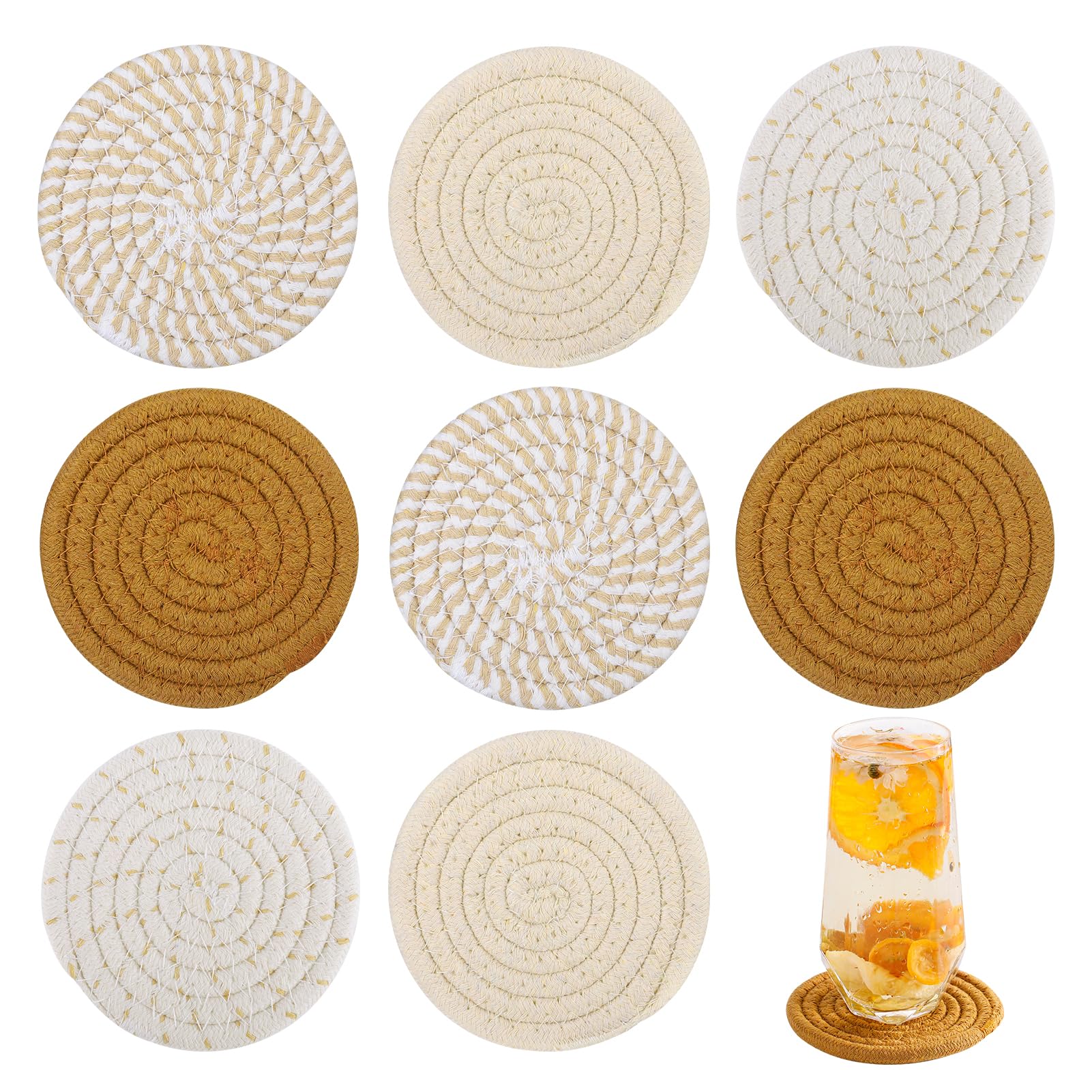Boho Woven Drink Coasters - 8 Pcs Handmade Absorbent Drink Coasters for Coffee Table, Cotton Braided Coasters for New House Gifts Home Decor Tabletop Accessories, 4.3in Brown