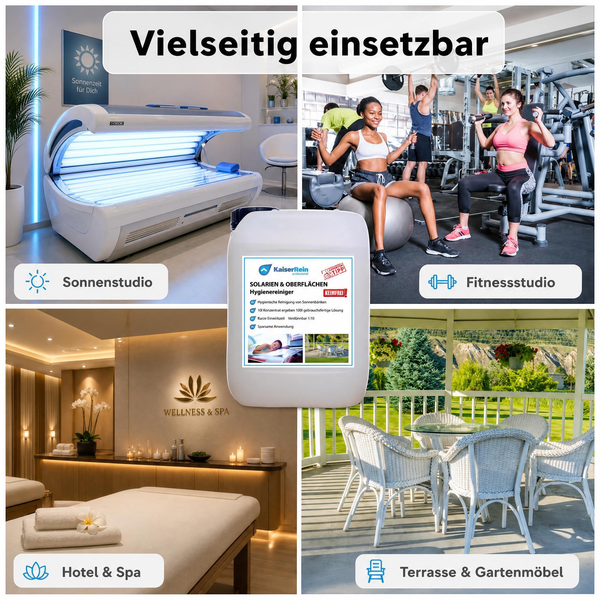 KaiserRein Oberflächenreiniger für Solarium & Sonnenbank, Hygienereiniger Konzentrat 10 L Kanister, pH-neutral & hautfreundlich, schonend zu Kunststoff, für Fliesen, Lack & Edelstahl, frischer Duft