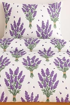 Ezgi Tek Kişilik Desenli Nevresim Takımı, Lavanta Deseni, 155 x 230 cm, Pamuk Polyester Karışım, Kapaklı Yastık Kılıfı Dahil