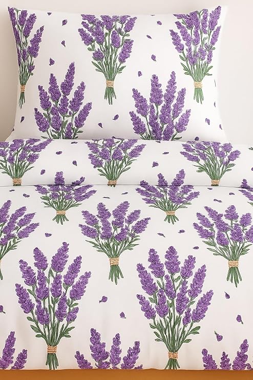 Ezgi Tek Kişilik Desenli Nevresim Takımı, Lavanta Deseni, 155 x 230 cm, Pamuk Polyester Karışım, Kapaklı Yastık Kılıfı Dahil