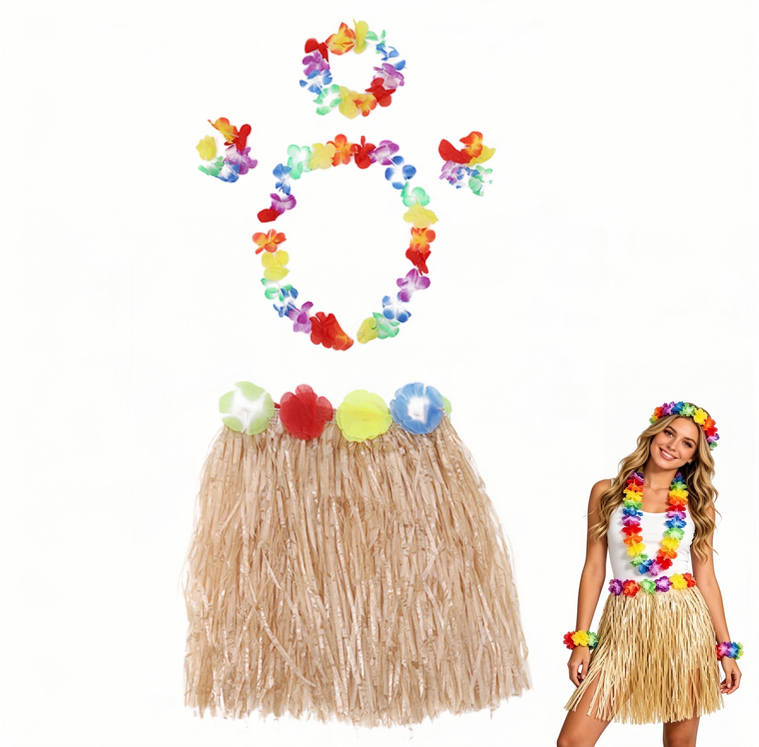 5Pcs Hawaiian Fancy Dress Women Hawaiian Grass Skirt for Adults, 40cm Hula Skirt Costume with Flower Leis Necklace Headband Bracelets Tropical Luau Party Outfits for Women Summer Beach Party (Straw)