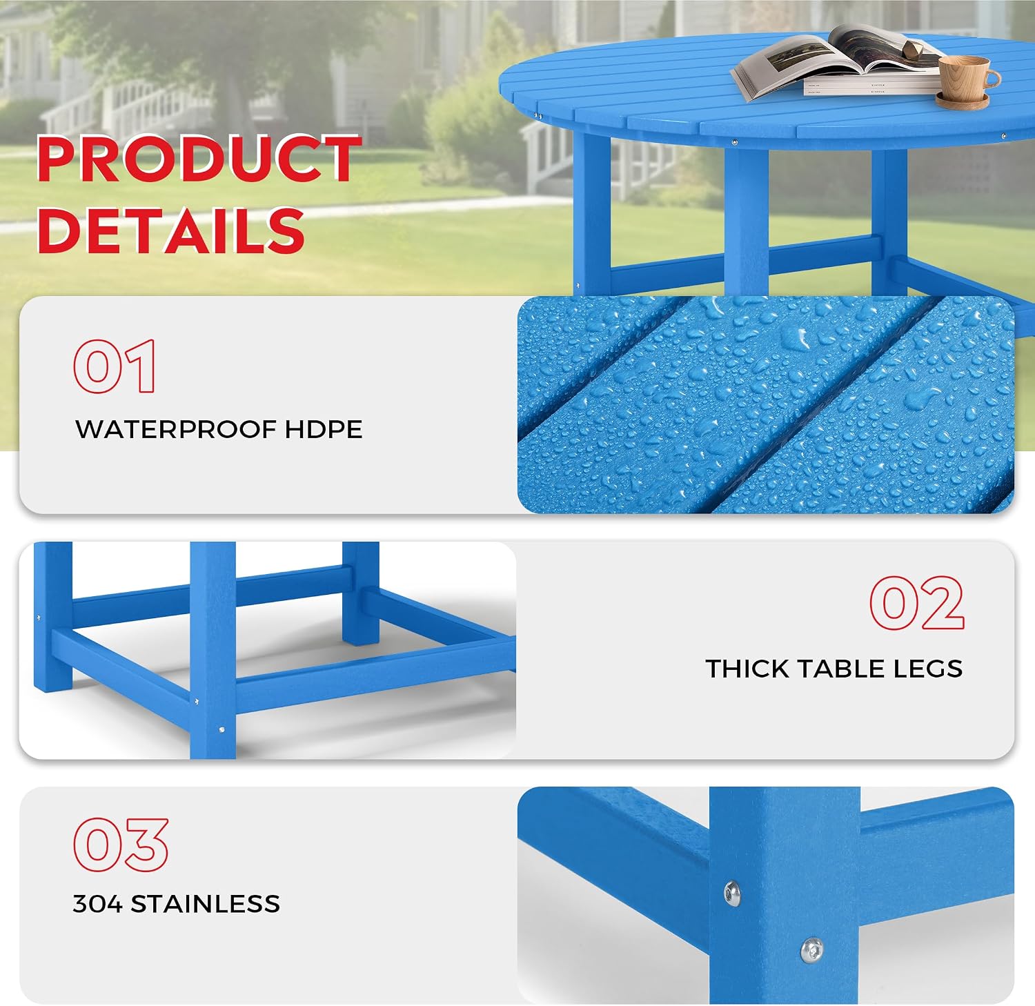 Costaelm Paradise Kids 5-Piece HDPE Outdoor Patio Round Dining Table and Chairs Set, Pacific Blue