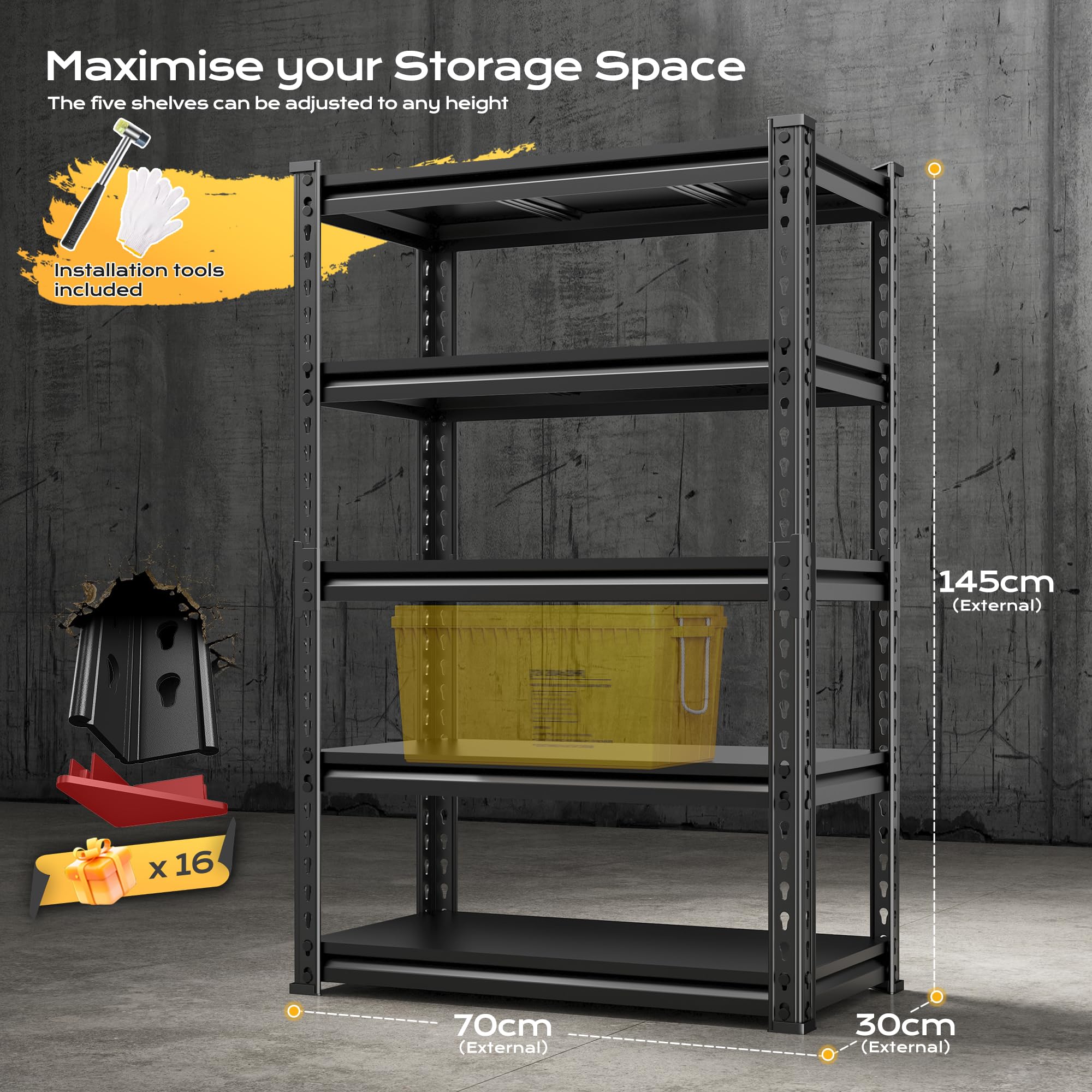 Estantería para Cargas Pesadas de Metal, Capacidad de Carga hasta 1750 kg, con 5 estantes de Metal Ajustables, 70x30x145 cm, Montaje sin Tornillos, Estantería para sótano y Taller, Negro
