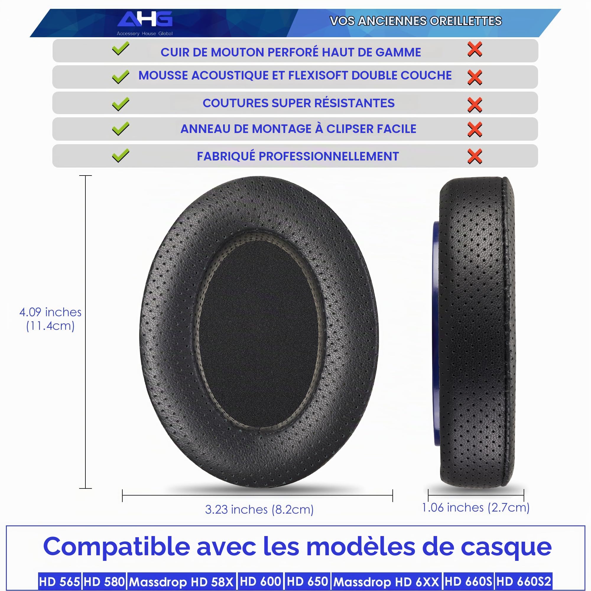 AHG Coussinets de Rechange en Peau de Mouton Perforée pour Sennheiser HD 650/600/660S/660S2, Massdrop X HD 6XX, HD58X Jubilee, HD580 et HD565 - Mousse Double Couche
