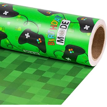 RUSPEPA Mini Double Sided Birthday Gaming Wrapping Paper Green Game Controller & Pixel Pattern For Kids Boys Game Enthusiasts Birthdays Parties Holidays 43.2 cm x 5 m