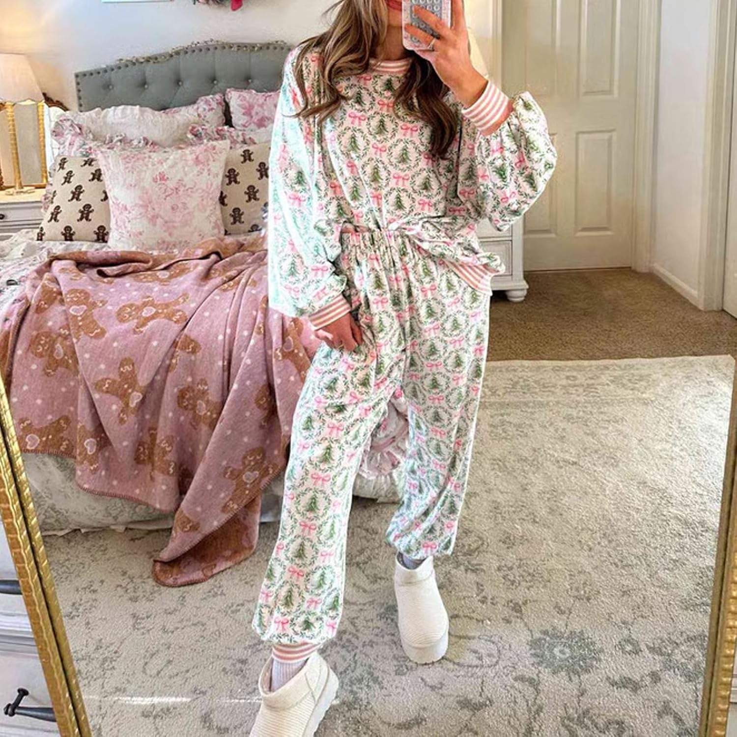 Christmas Trees and Bows Pajama Set, Cute Christmas Pjs, Christmas Pajamas for Women Loungewear