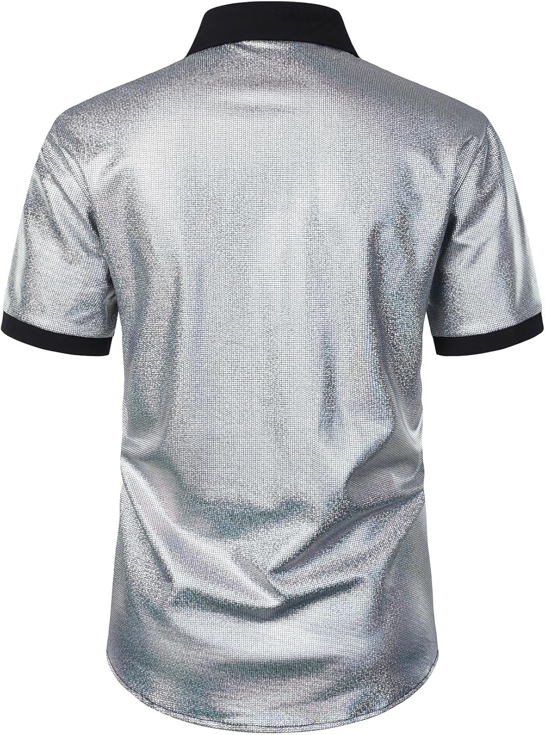JEMITOP Men's Shiny Metallic Sequin Stretchy Short Sleeve Button Down Shirts for 70s Disco Party Halloween - Image 3