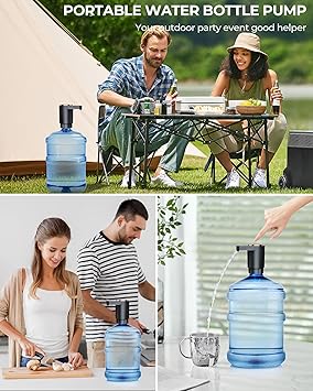 Water Bottle Pump, Portable Electric Water Dispenser Pump for 5 Gallon Bottles - USB Charging, Automatic Switch, Rechargeable Battery for Home Kitchen Room Camping, Black