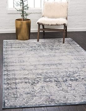 Unique Loom Chateau Collection Distressed, Vintage, Textured, Medallion, Rustic, Traditional Area Rug 6 0 x 9 0 Rectangular, Navy Blue/Gray