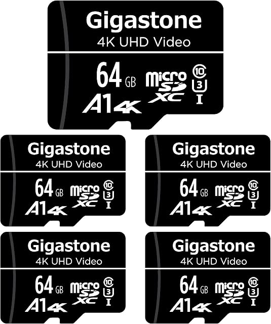 Gigastone 64GB 5-Pack Micro SD Card with 1x SD Adapter + 2x Mini-case, 4K UHD Video, Surveillance Security Cam Action Camera Drone Professional, 90MB/s Micro SDXC UHS-I A1 Class 10