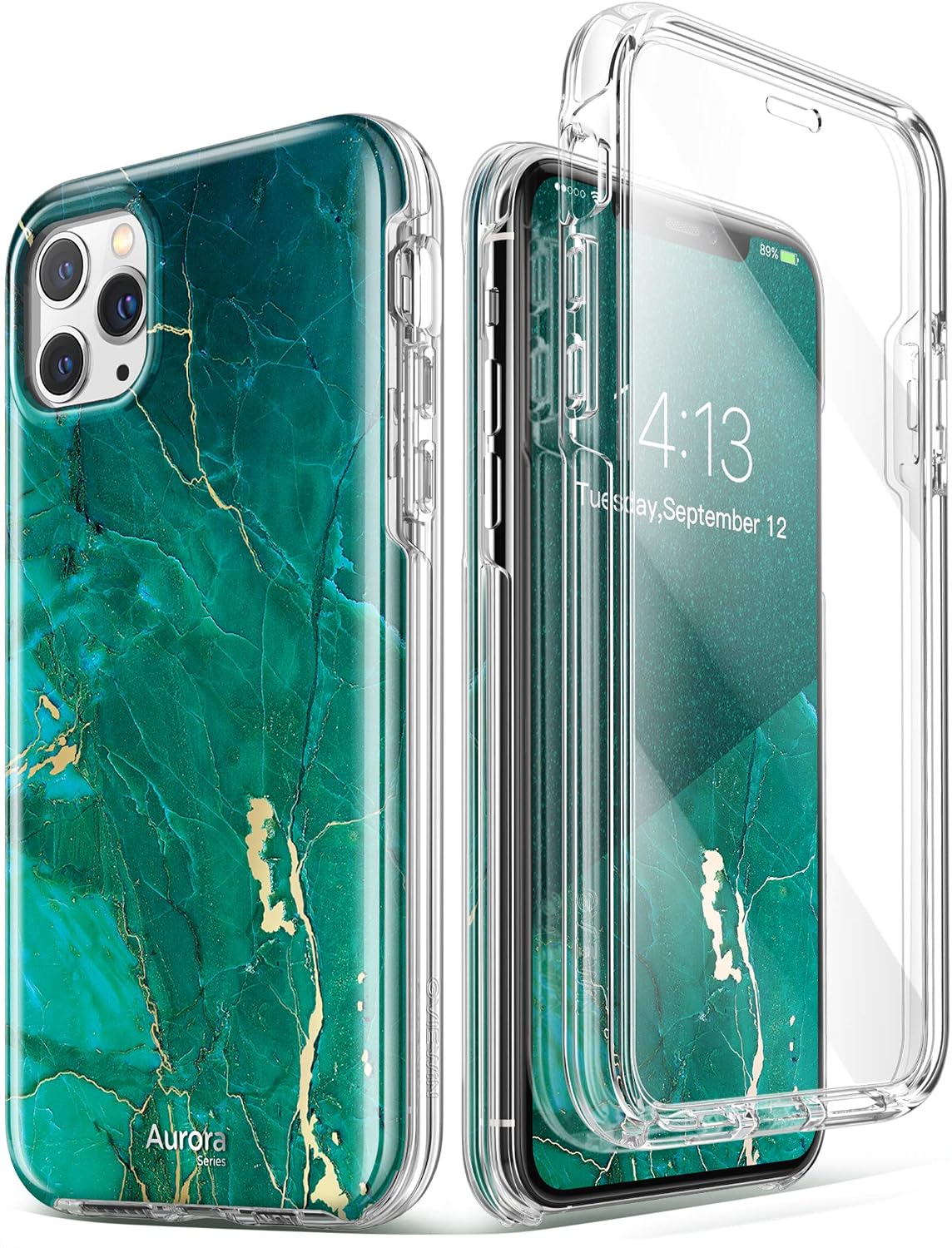 GVIEWIN Aurora Series iPhone 11 Pro Max Case 6.5 Inch, [Built-in Tempered Glass Screen Protector] Dual Layer Stylish Marble Shockproof Flexible Bumper Phone Cover Case (Green/Gold)