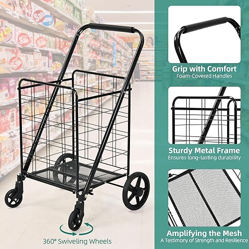 Miniatura 7 de YITAHOME Carrito de compras plegable con ruedas, carrito de comestibles plegable con panel inferior de malla reforzada, carrito plegable portátil