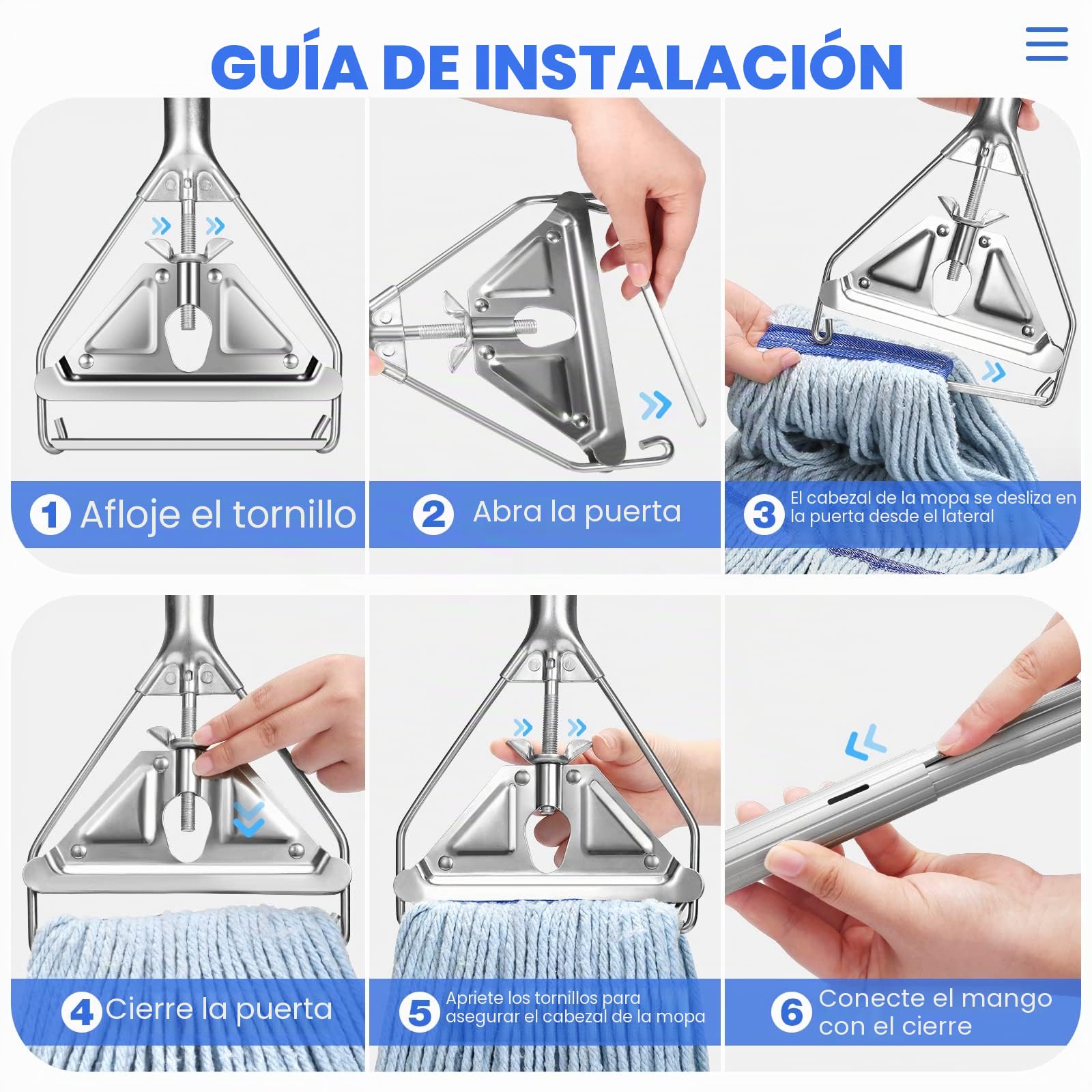 Mopa SOBONNE de Cuerda para Limpieza de Suelos, Industrial Comercial, Resistente con Cabezal de Microfibra de Algodón, Mango de Acero Inoxidable de 59 Pulgadas, Mopa Húmeda para Hogar, Garaje, Azul