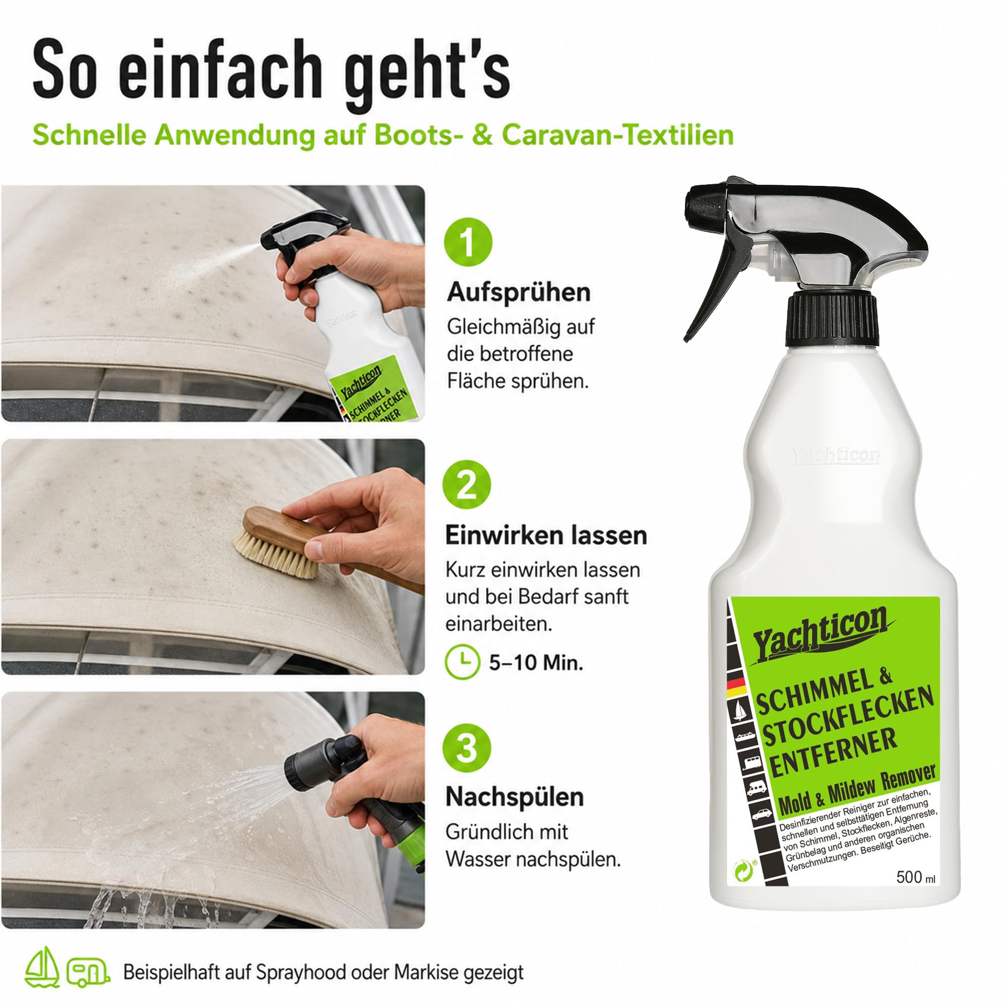 YACHTICON Schimmel & Stockflecken Entferner – Effektive Lösung gegen Flecken und Gerüche auf Boot, Wohnmobil, Zelt, Bad, Polstern, Kunststoff, Textilien