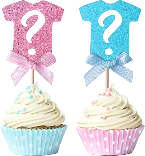 Miniatura 1 de Paquete de 24 adornos para cupcakes con purpurina para revelación de género, signo de interrogación, selecciones de cupcakes para niños o niñas,